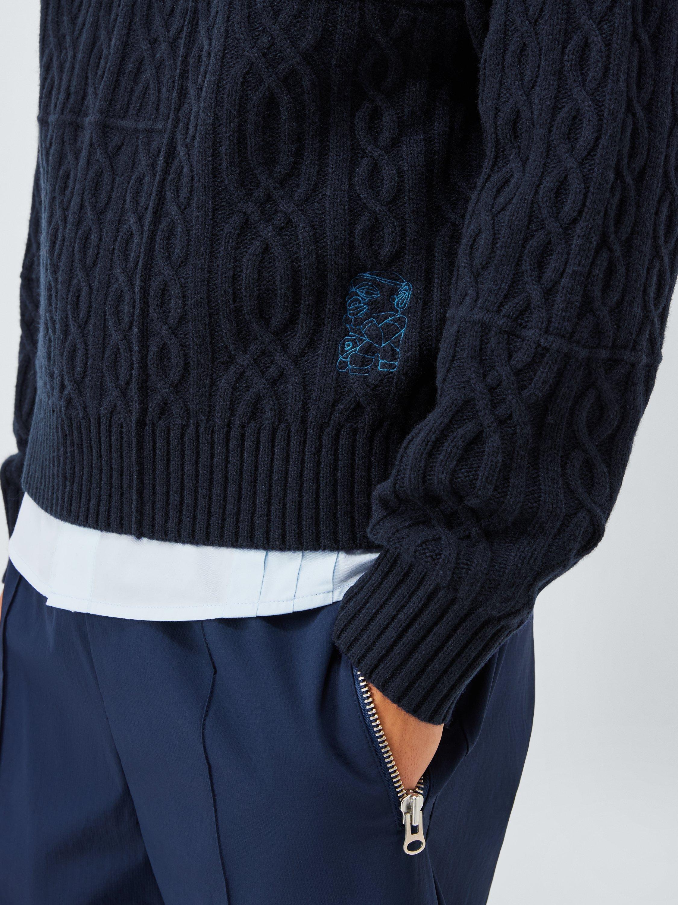 Product image 5 of 6, which shows John Lewis x LABRUM Lambswool Blend Cable Knit Jumper, Navy, S
