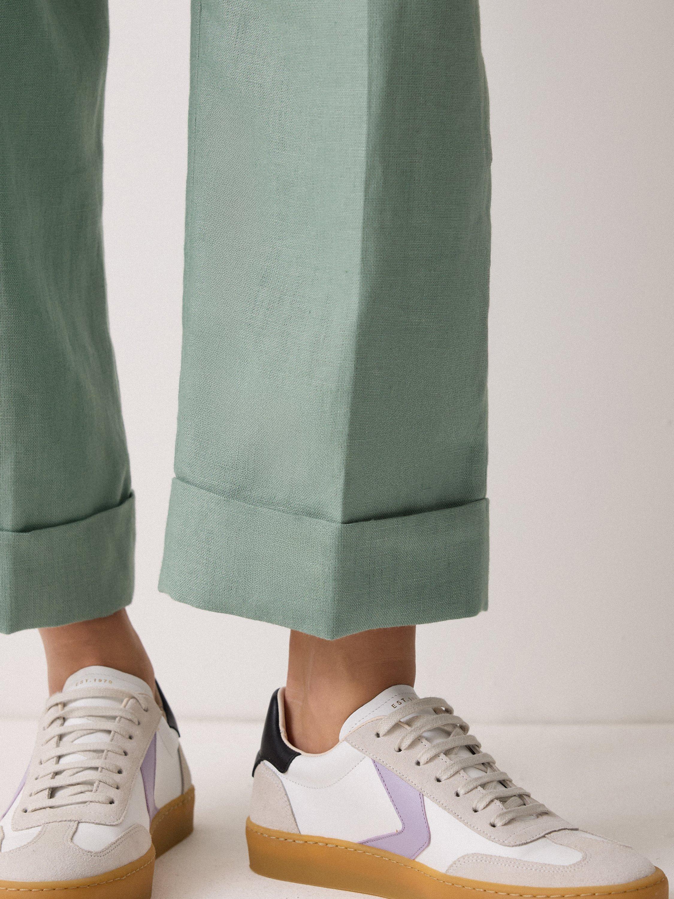 Product image 3 of 7, which shows Jigsaw Pure Irish Linen Turn Up Trousers, Green, 6