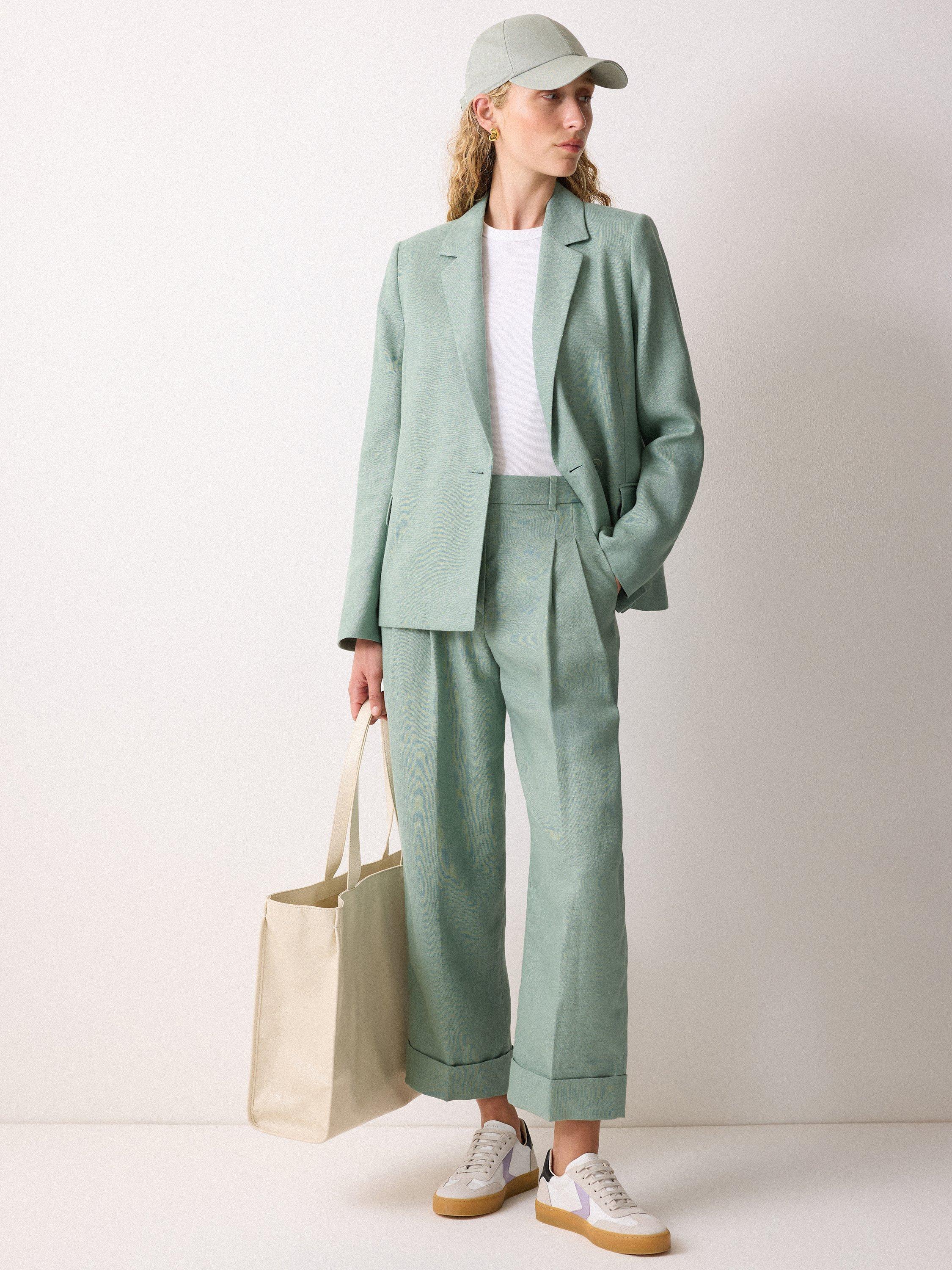 Product image 6 of 7, which shows Jigsaw Pure Irish Linen Turn Up Trousers, Green, 6
