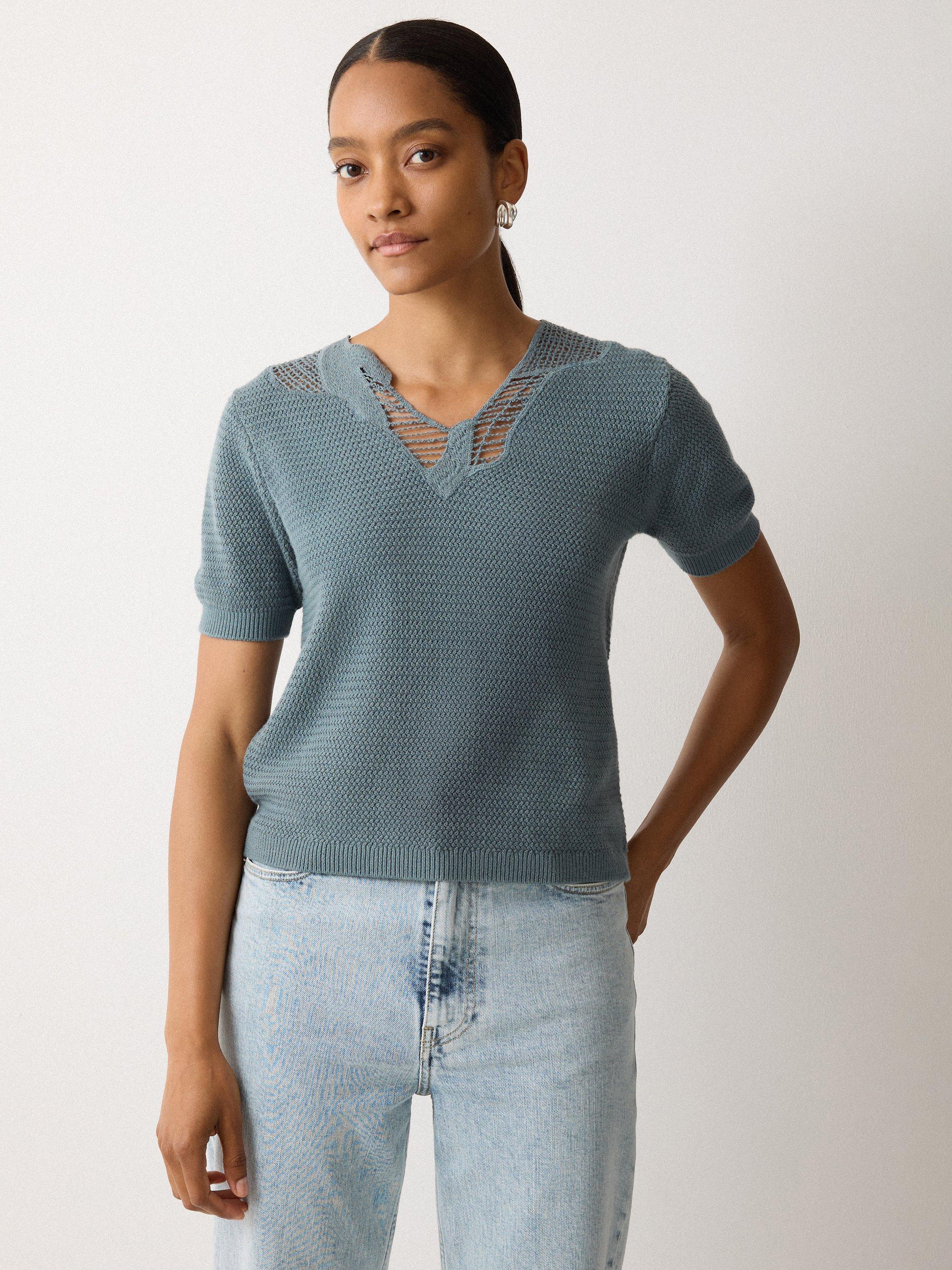 Product image 1 of 5, which shows Jigsaw Abstract Cut Lace Cotton Knit Top, Blue, XS