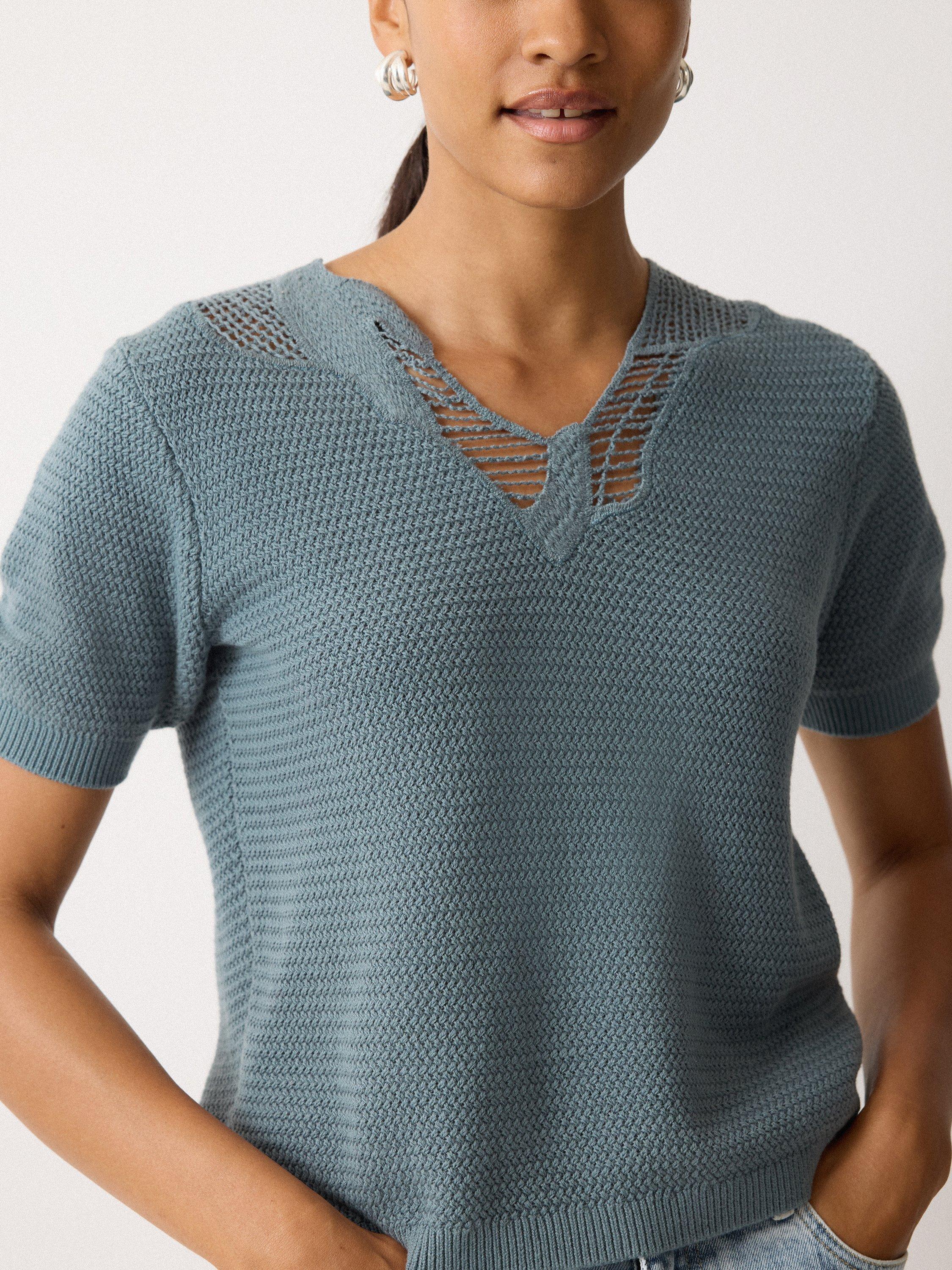 Product image 3 of 5, which shows Jigsaw Abstract Cut Lace Cotton Knit Top, Blue, XS