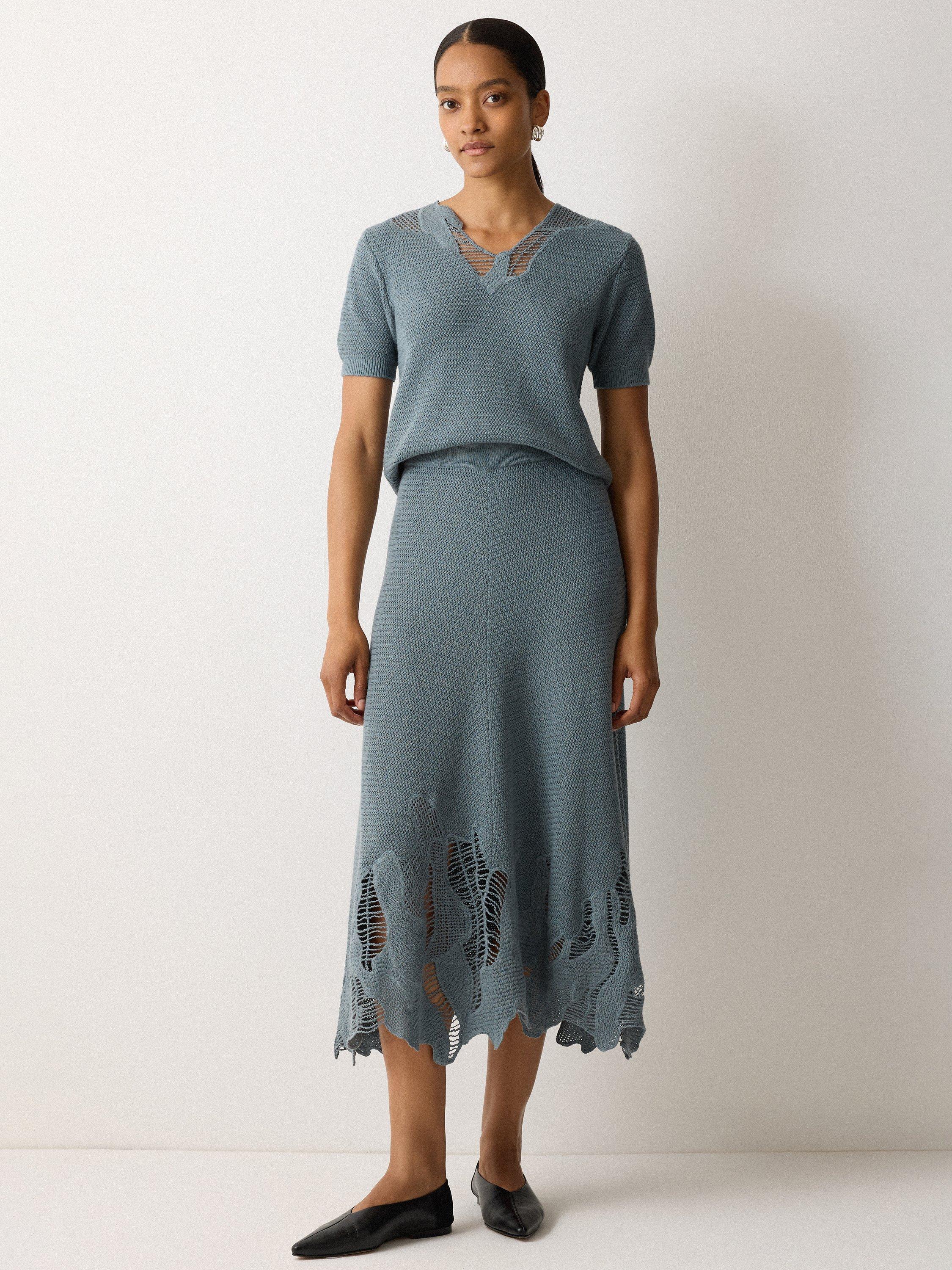 Product image 4 of 5, which shows Jigsaw Abstract Cut Lace Cotton Knit Top, Blue, XS