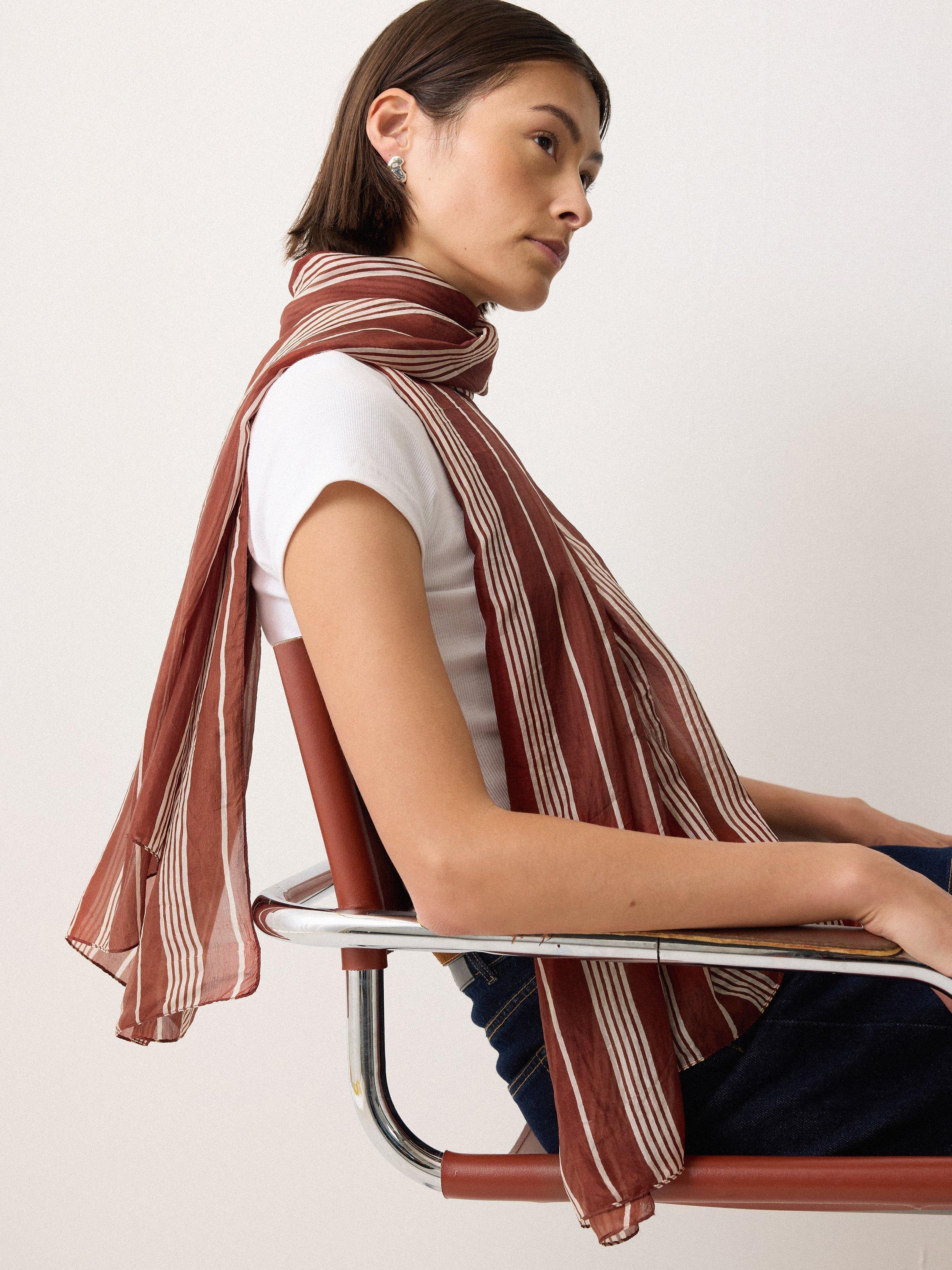 Product image 2 of 6, which shows Jigsaw Cassis Stripe Pure Silk Scarf, Brown, One Size