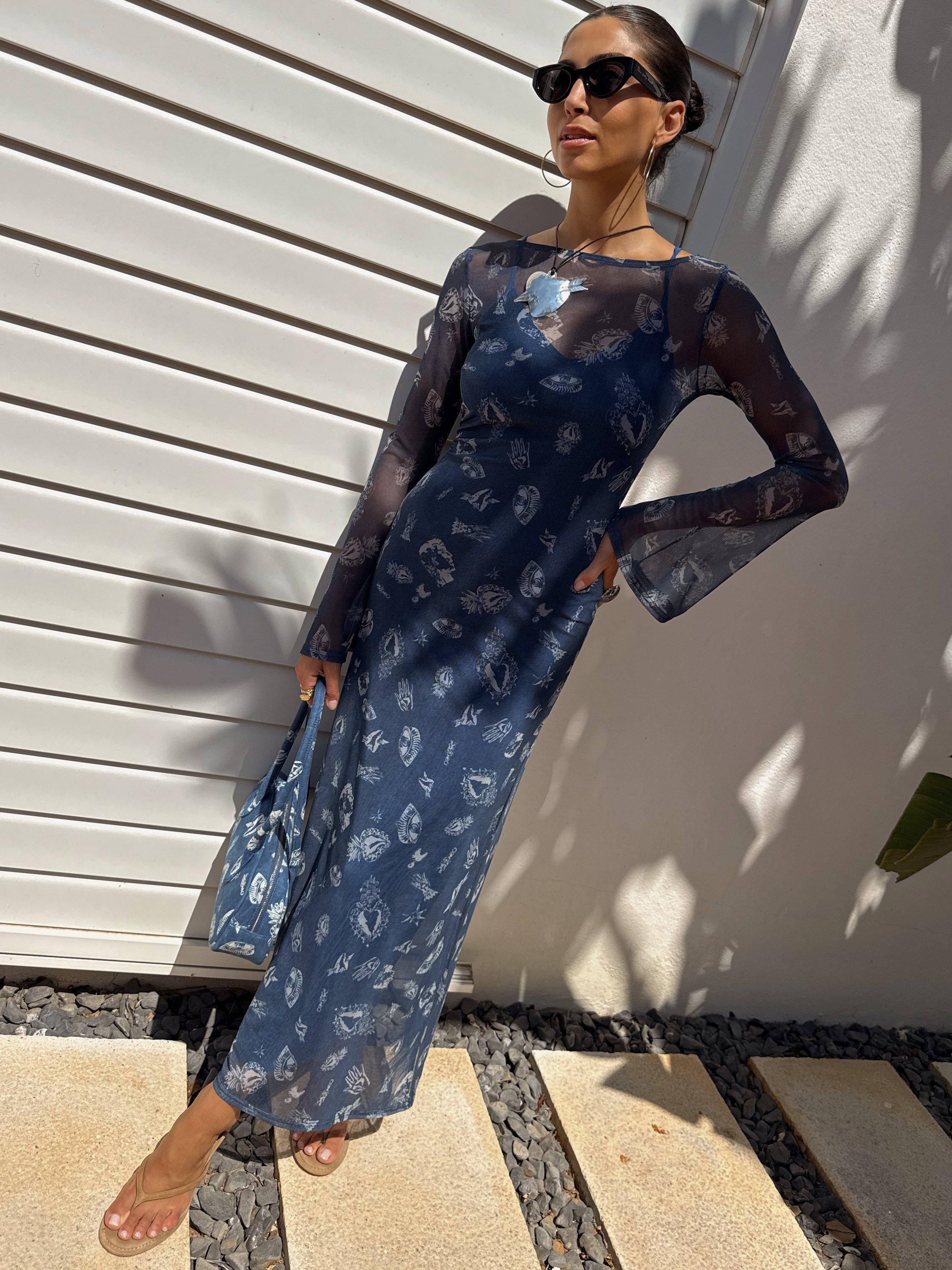 Product image 1 of 6, which shows Never Fully Dressed Deloris Mesh Maxi Dress, Denim, 6