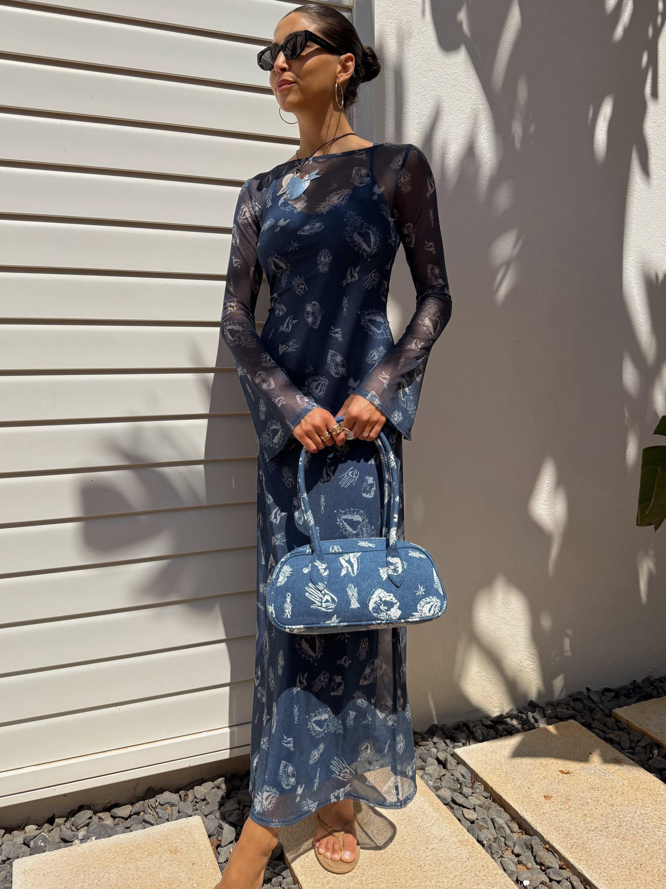 Product image 3 of 6, which shows Never Fully Dressed Deloris Mesh Maxi Dress, Denim, 6