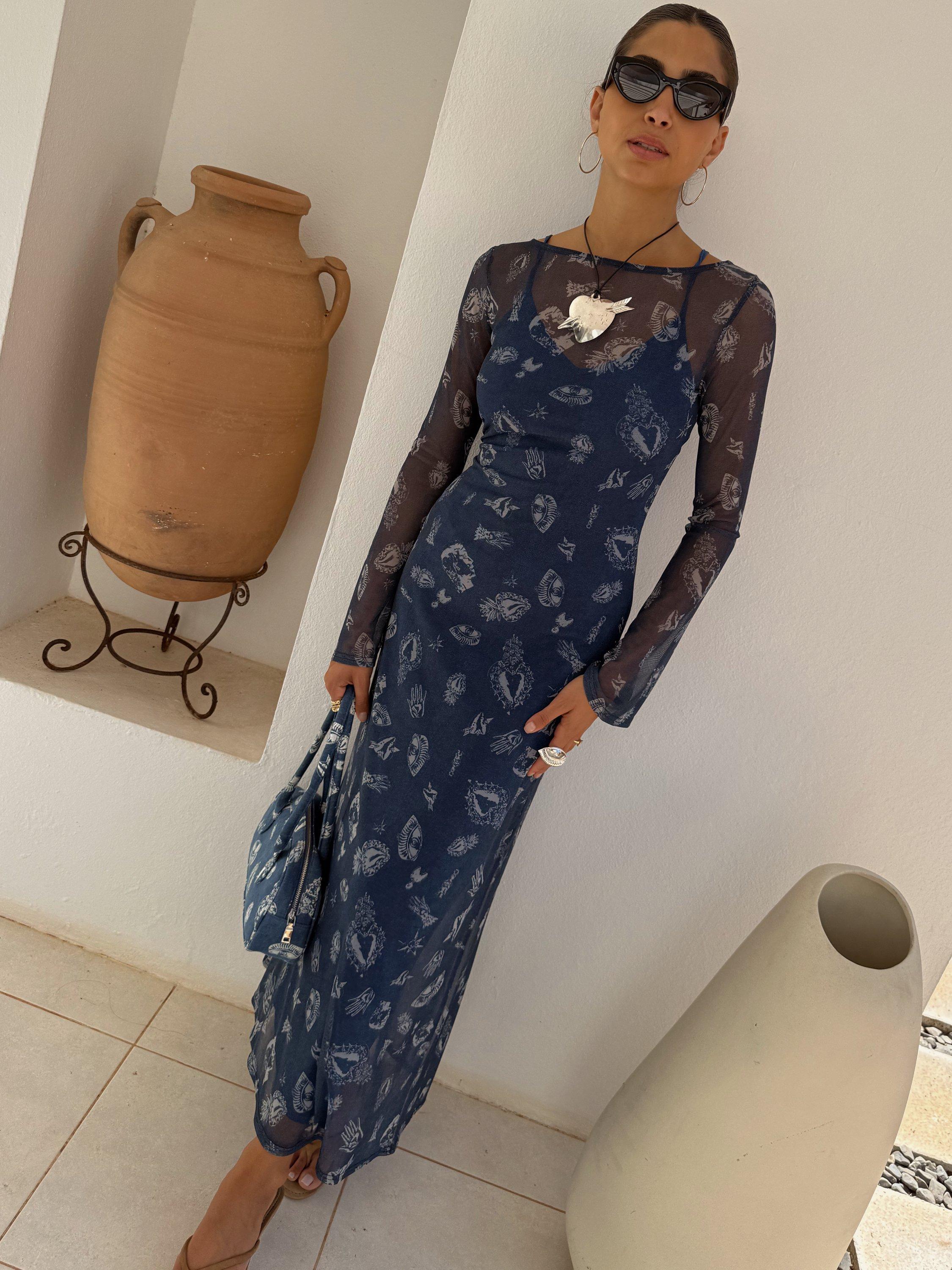 Product image 5 of 6, which shows Never Fully Dressed Deloris Mesh Maxi Dress, Denim, 6
