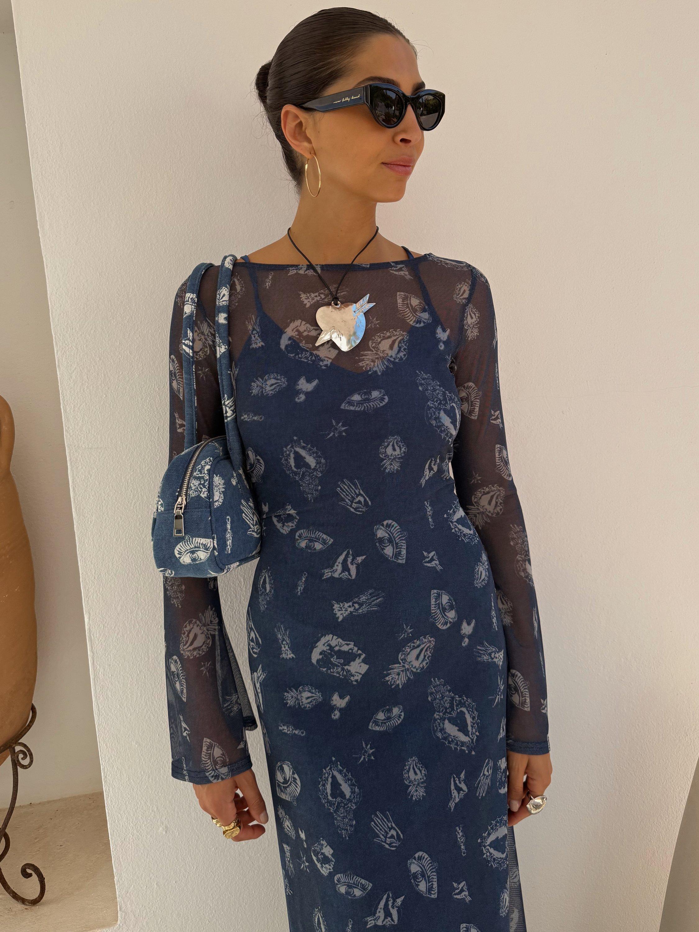 Product image 6 of 6, which shows Never Fully Dressed Deloris Mesh Maxi Dress, Denim, 6