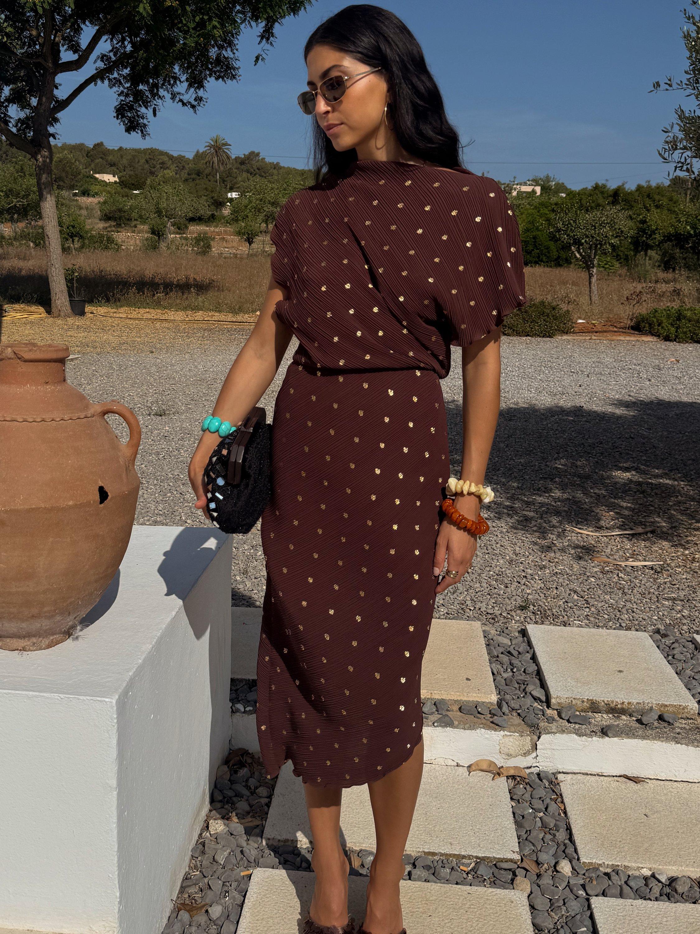 Product image 1 of 5, which shows Never Fully Dressed Desiree Fleck Plisee Dress, Chocolate, XS