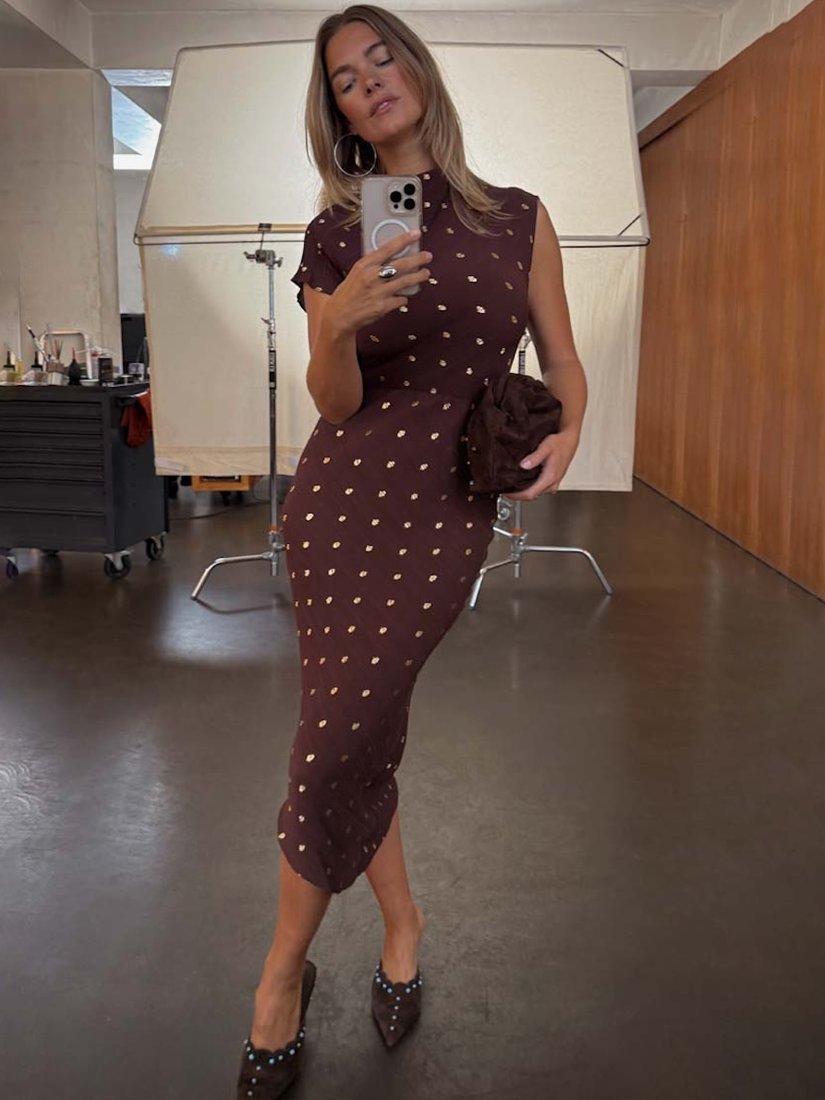 Product image 5 of 5, which shows Never Fully Dressed Desiree Fleck Plisee Dress, Chocolate, XS