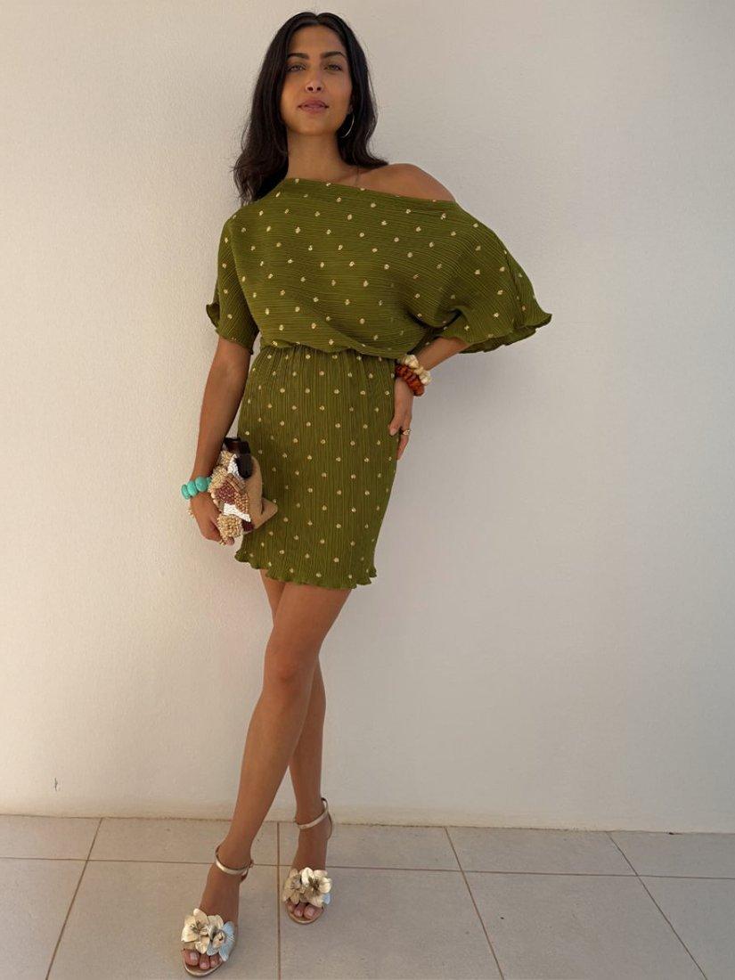 Product image 2 of 4, which shows Never Fully Dressed Tilly Plisse Mini Dress, Khaki, XS