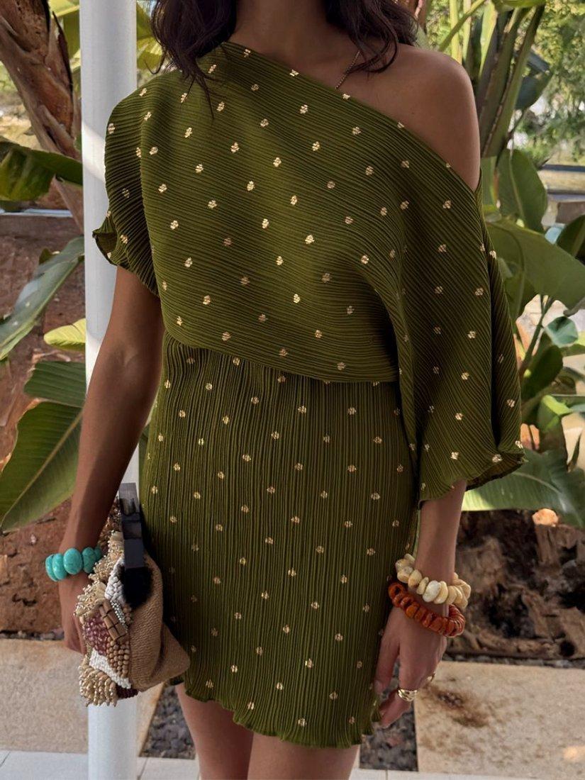 Product image 4 of 4, which shows Never Fully Dressed Tilly Plisse Mini Dress, Khaki, XS