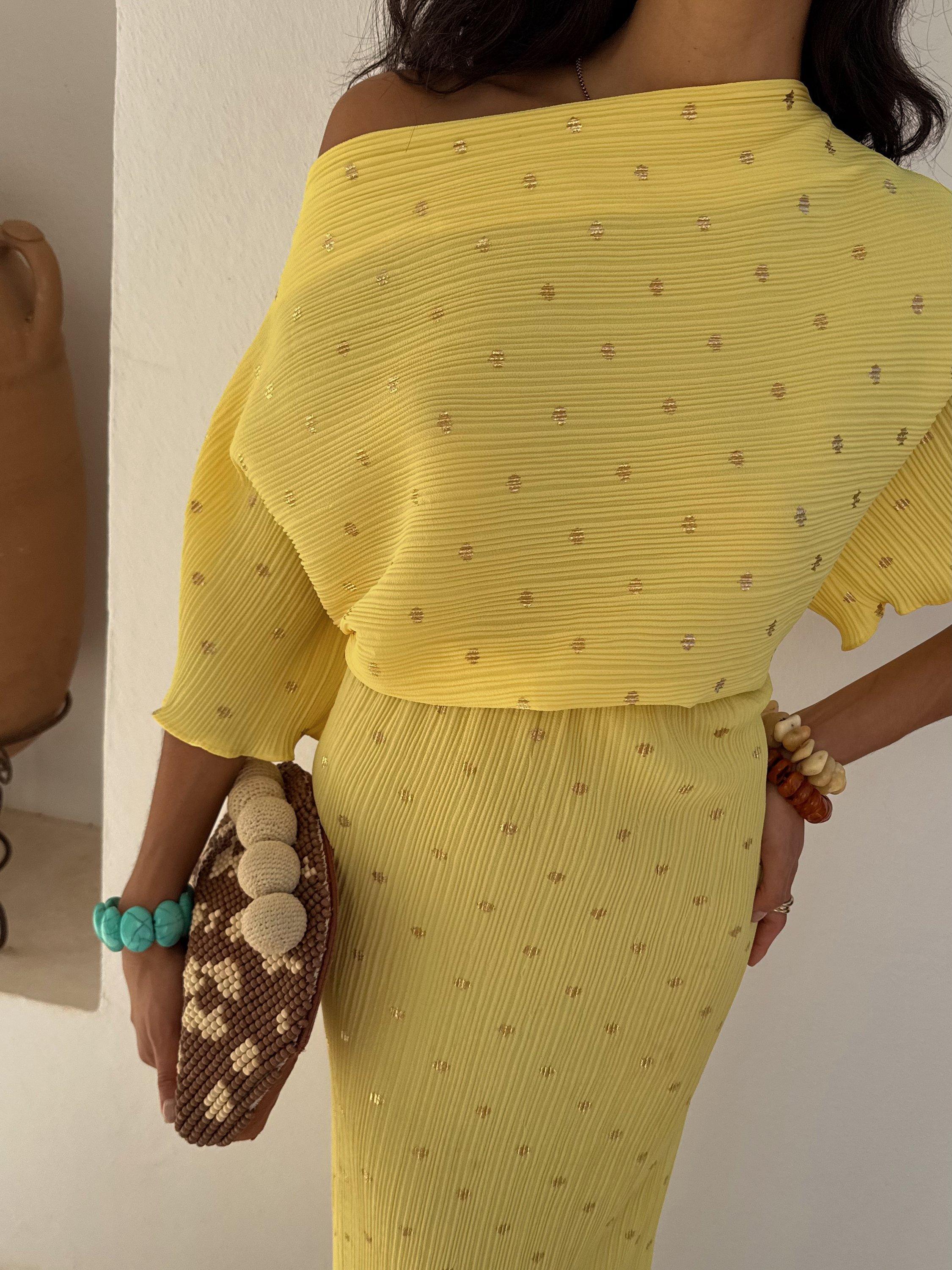 Product image 4 of 6, which shows Never Fully Dressed Tilly Plisse Midi Dress, Yellow, XS