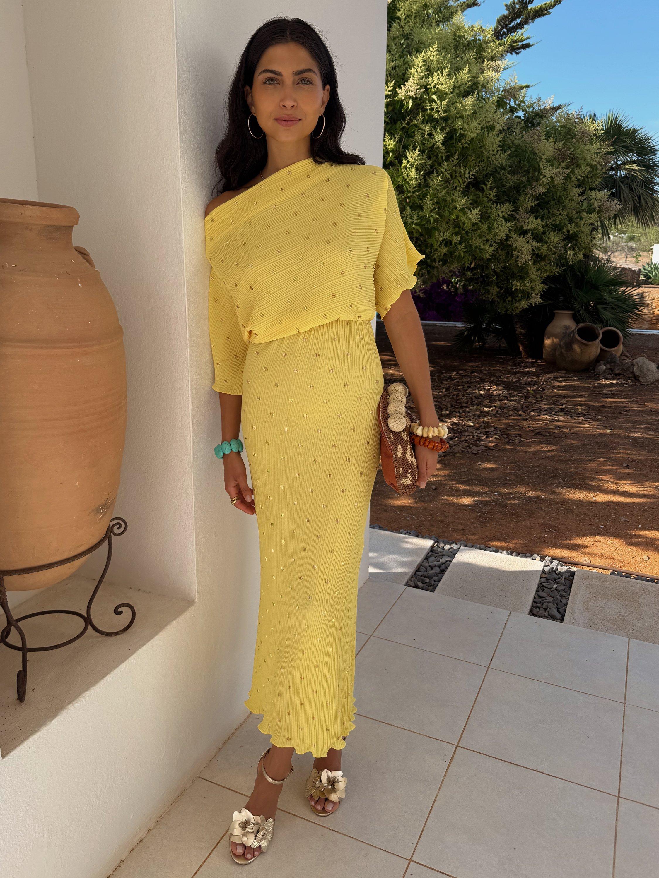 Product image 5 of 6, which shows Never Fully Dressed Tilly Plisse Midi Dress, Yellow, XS