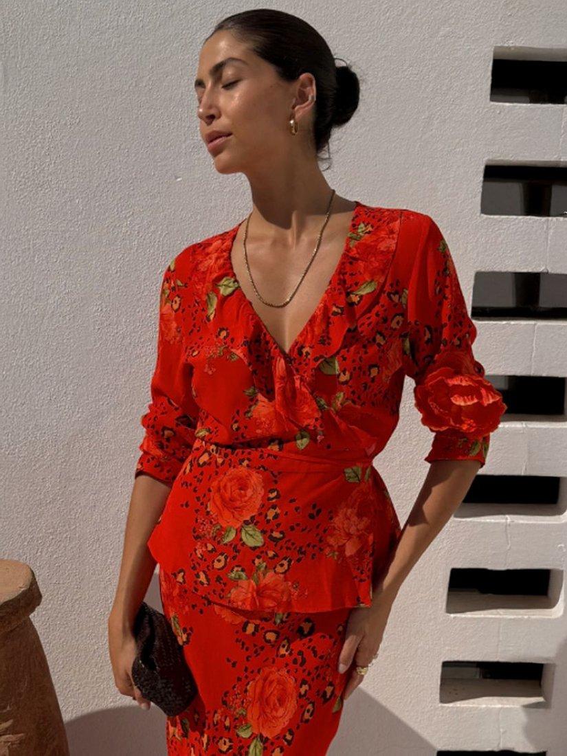 Product image 1 of 5, which shows Never Fully Dressed Rosie Long Sleeve Wrap Top, Red, 6