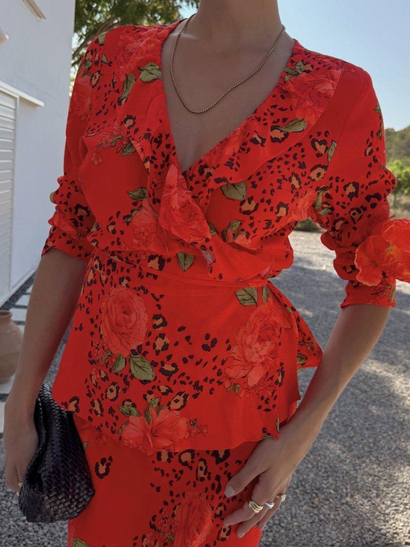 Product image 5 of 5, which shows Never Fully Dressed Rosie Long Sleeve Wrap Top, Red, 6