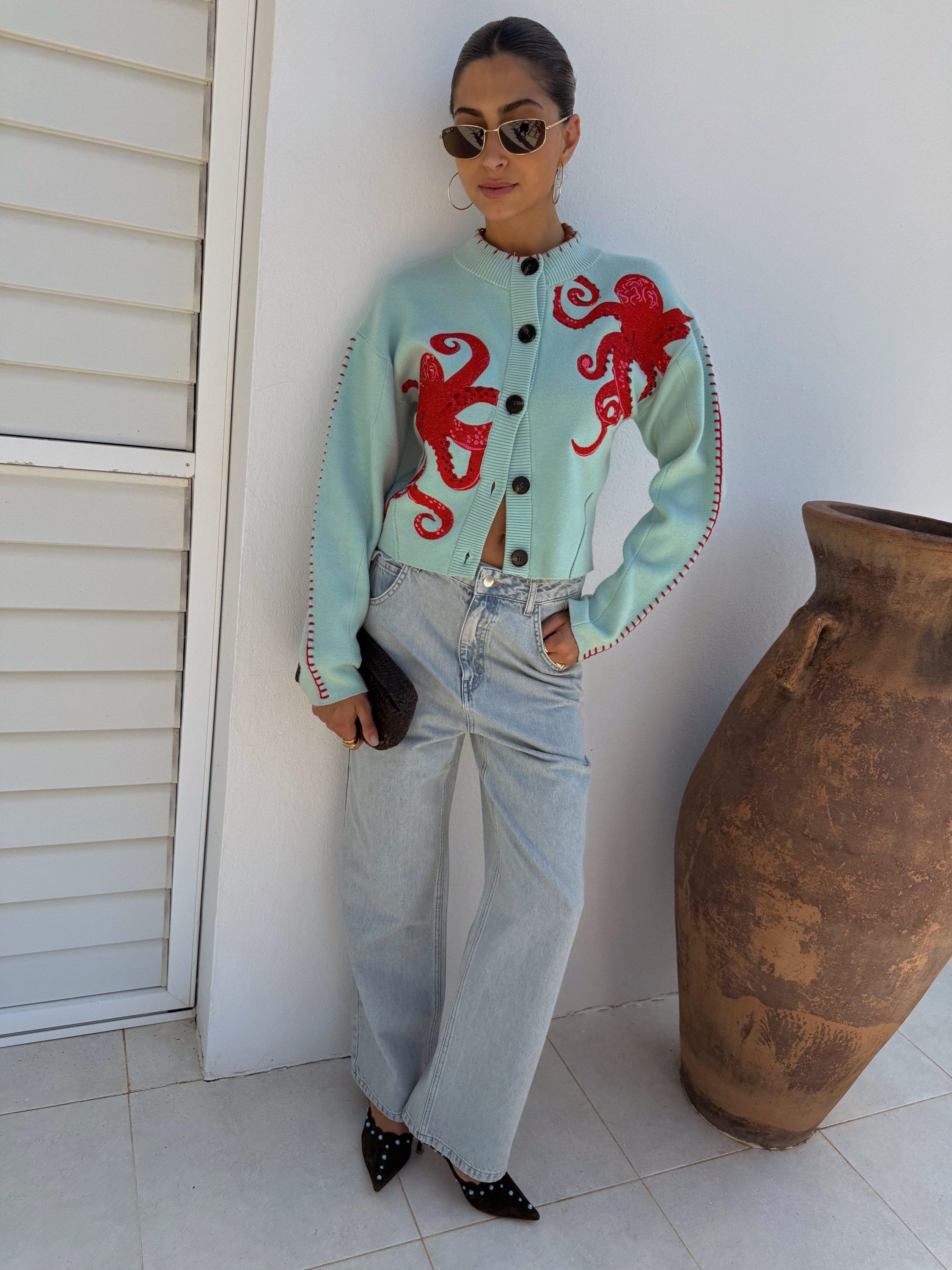Product image 1 of 5, which shows Never Fully Dressed Octopus Blanket Stitch Cardigan, Blue, XS