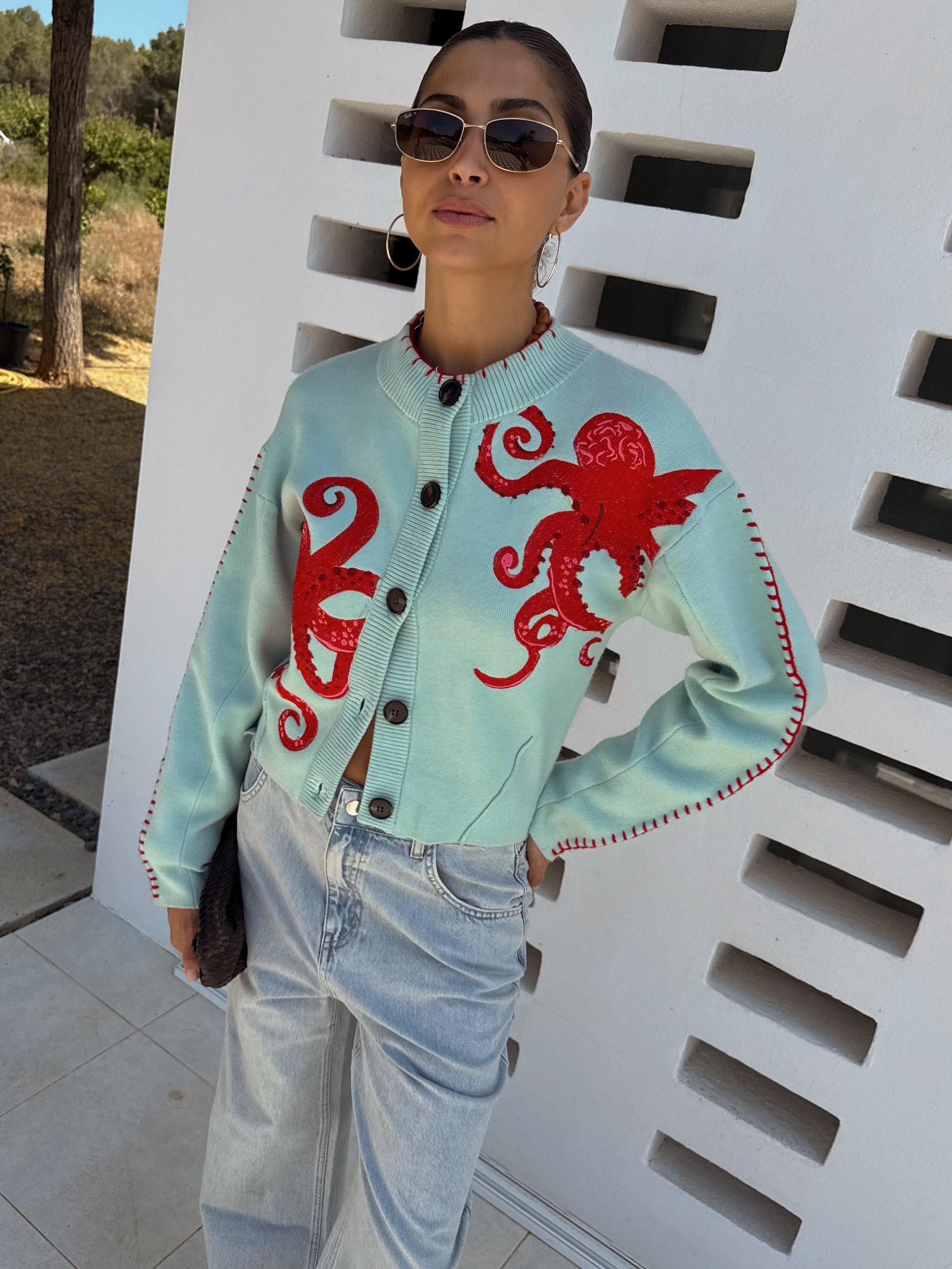 Product image 2 of 5, which shows Never Fully Dressed Octopus Blanket Stitch Cardigan, Blue, XS