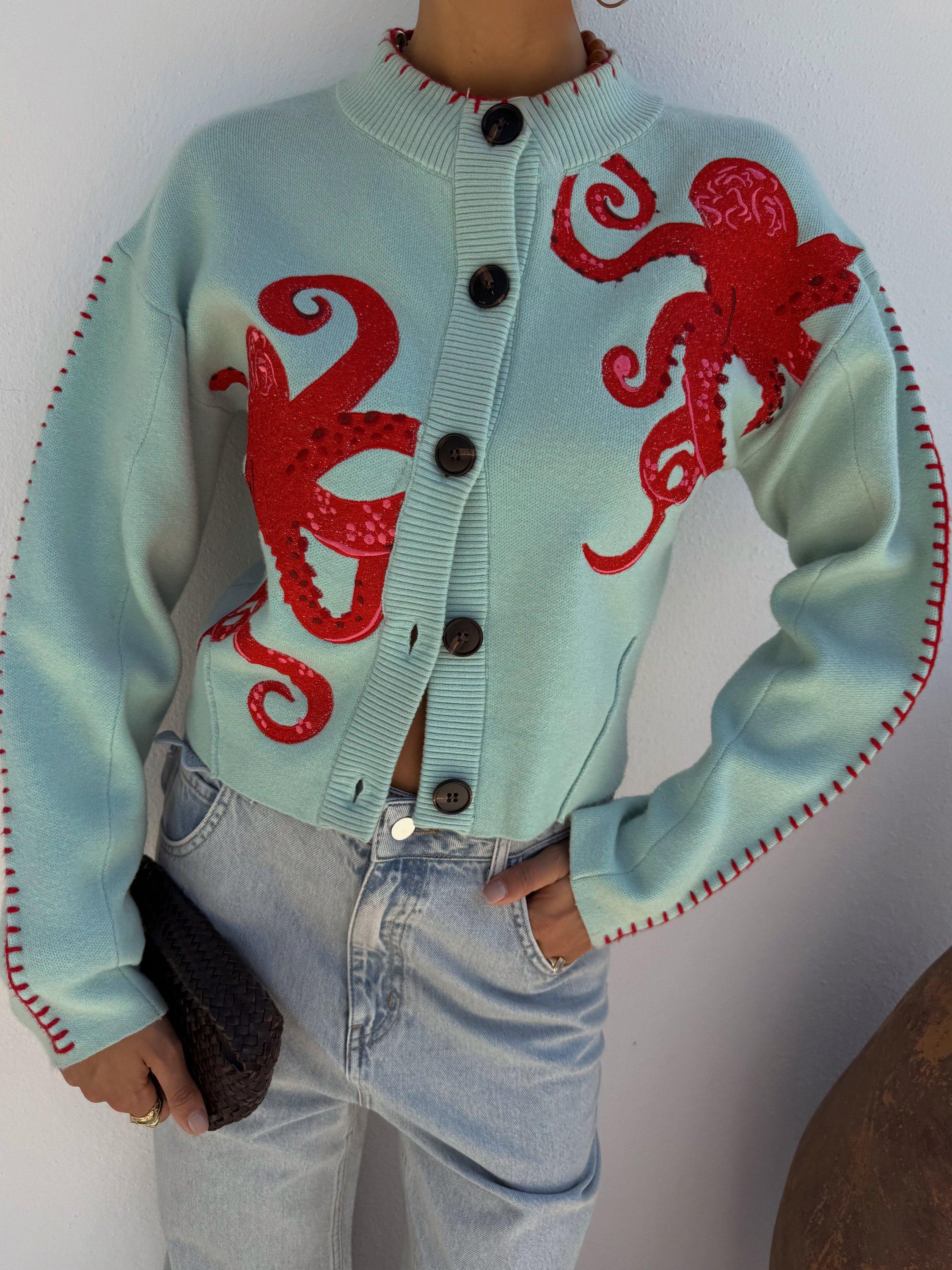 Product image 4 of 5, which shows Never Fully Dressed Octopus Blanket Stitch Cardigan, Blue, XS
