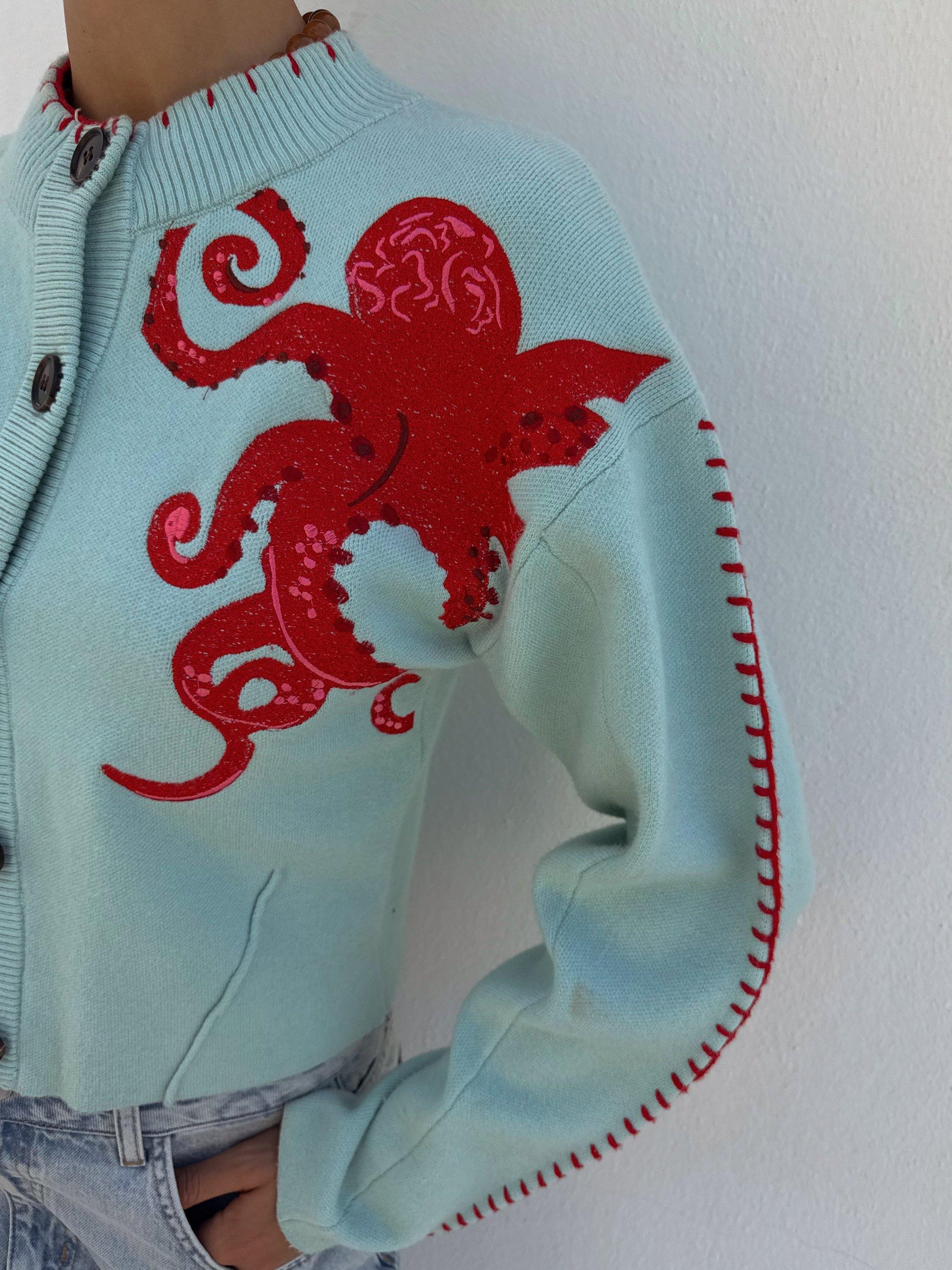 Product image 5 of 5, which shows Never Fully Dressed Octopus Blanket Stitch Cardigan, Blue, XS