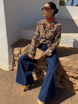 Never Fully Dressed Leopard Print Flared Cuff Shirt, Brown, Brown