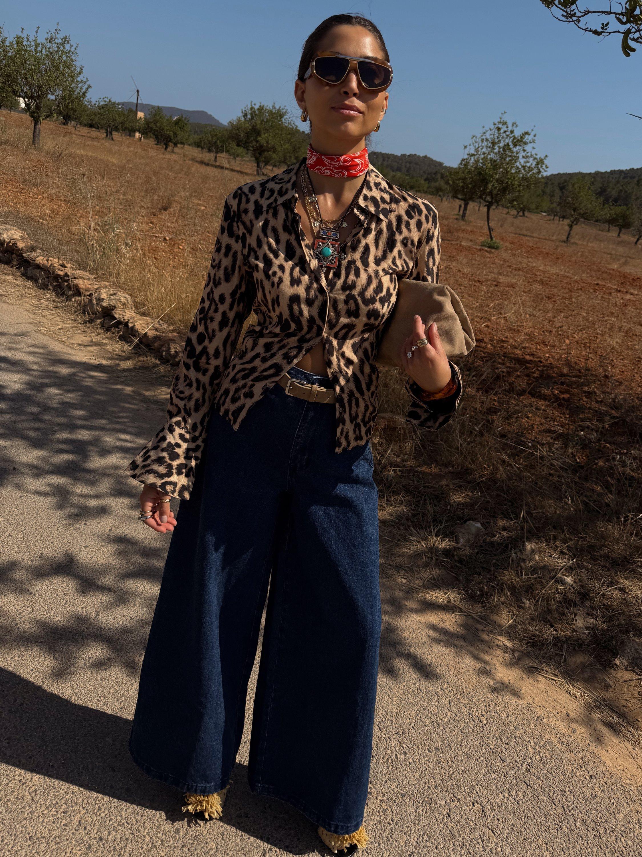 Product image 2 of 5, which shows Never Fully Dressed Leopard Print Flared Cuff Shirt, Brown, 6