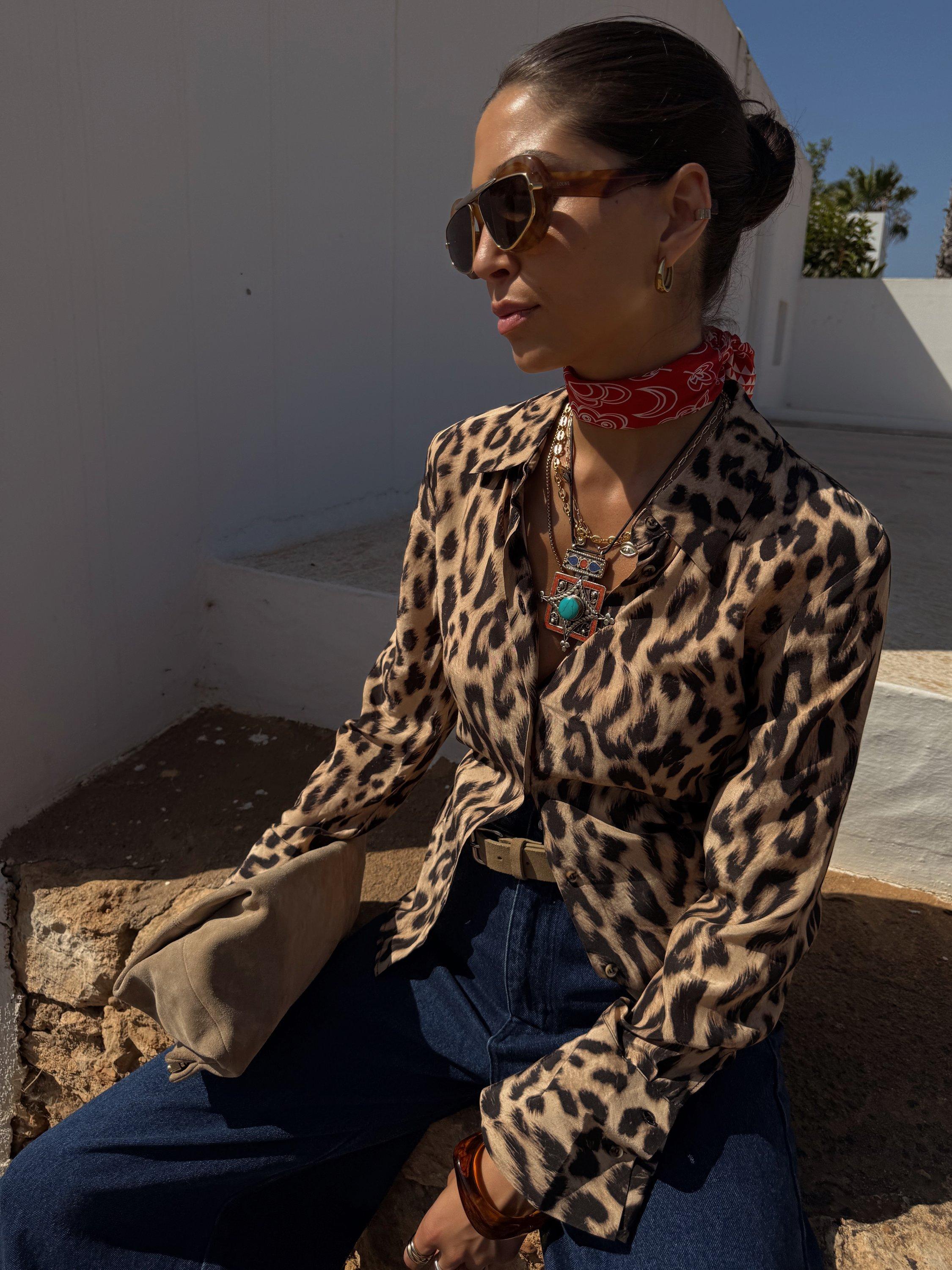 Product image 3 of 5, which shows Never Fully Dressed Leopard Print Flared Cuff Shirt, Brown, 6