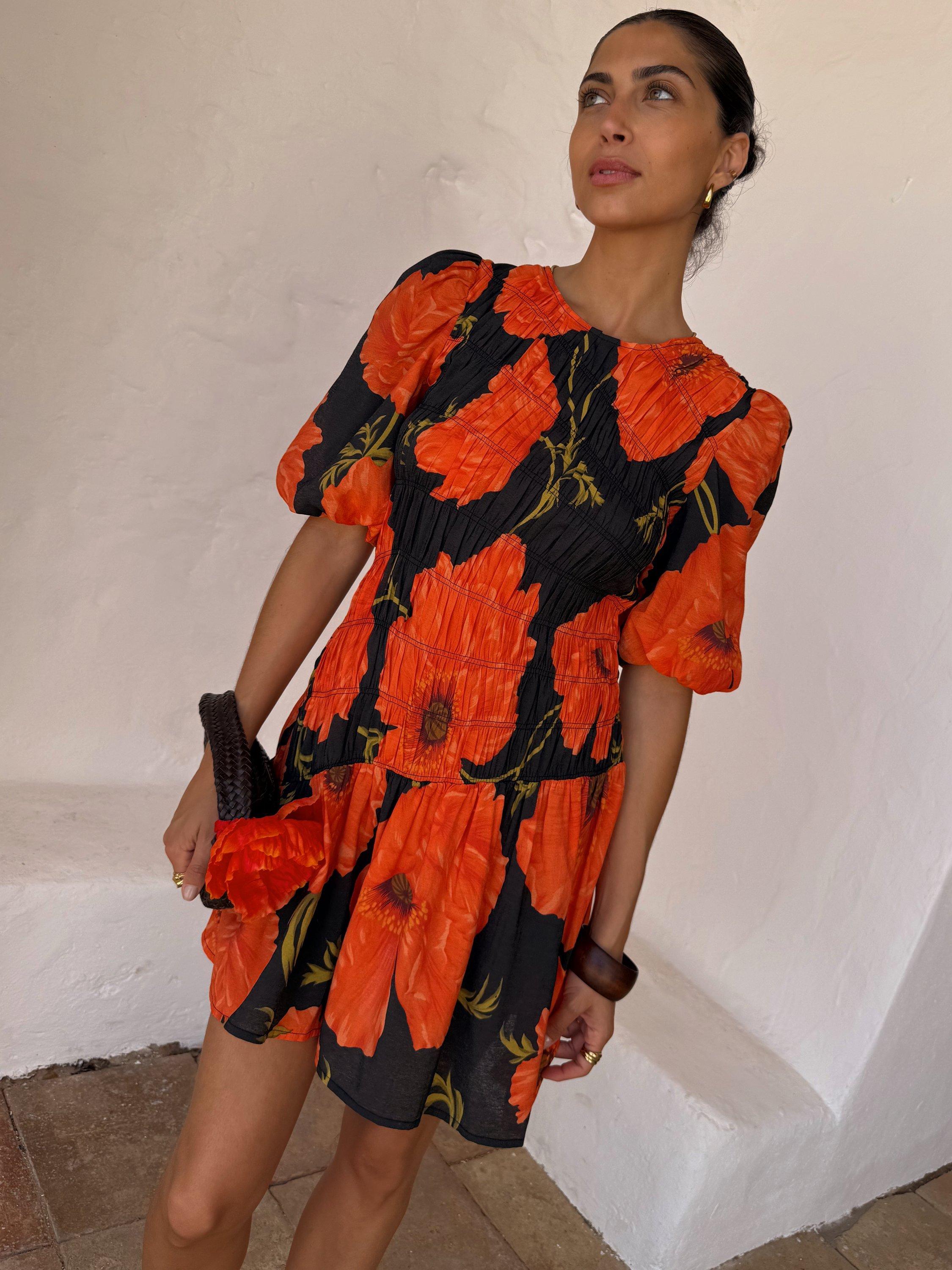 Product image 1 of 4, which shows Never Fully Dressed Nara Poppy Print Mini Dress, Black/Multi, 6