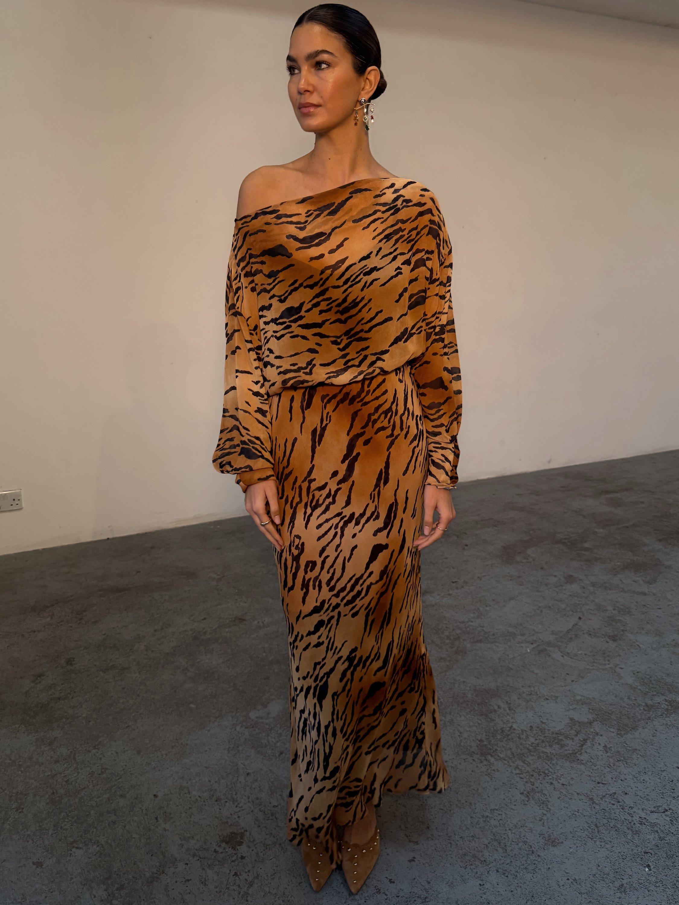 Product image 1 of 6, which shows Never Fully Dressed Tilly Tiger Print Dress, Multi, 6