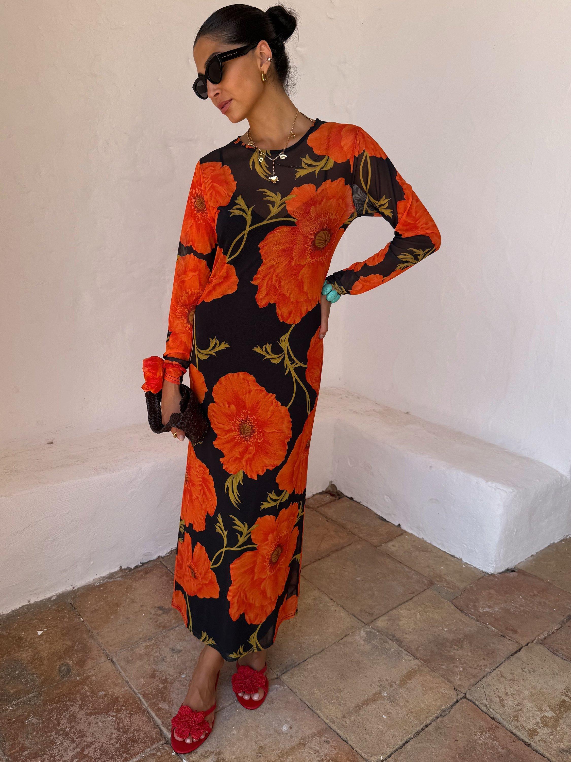 Product image 1 of 5, which shows Never Fully Dressed Poppy Print Sheer Dress, Black/Multi, 6