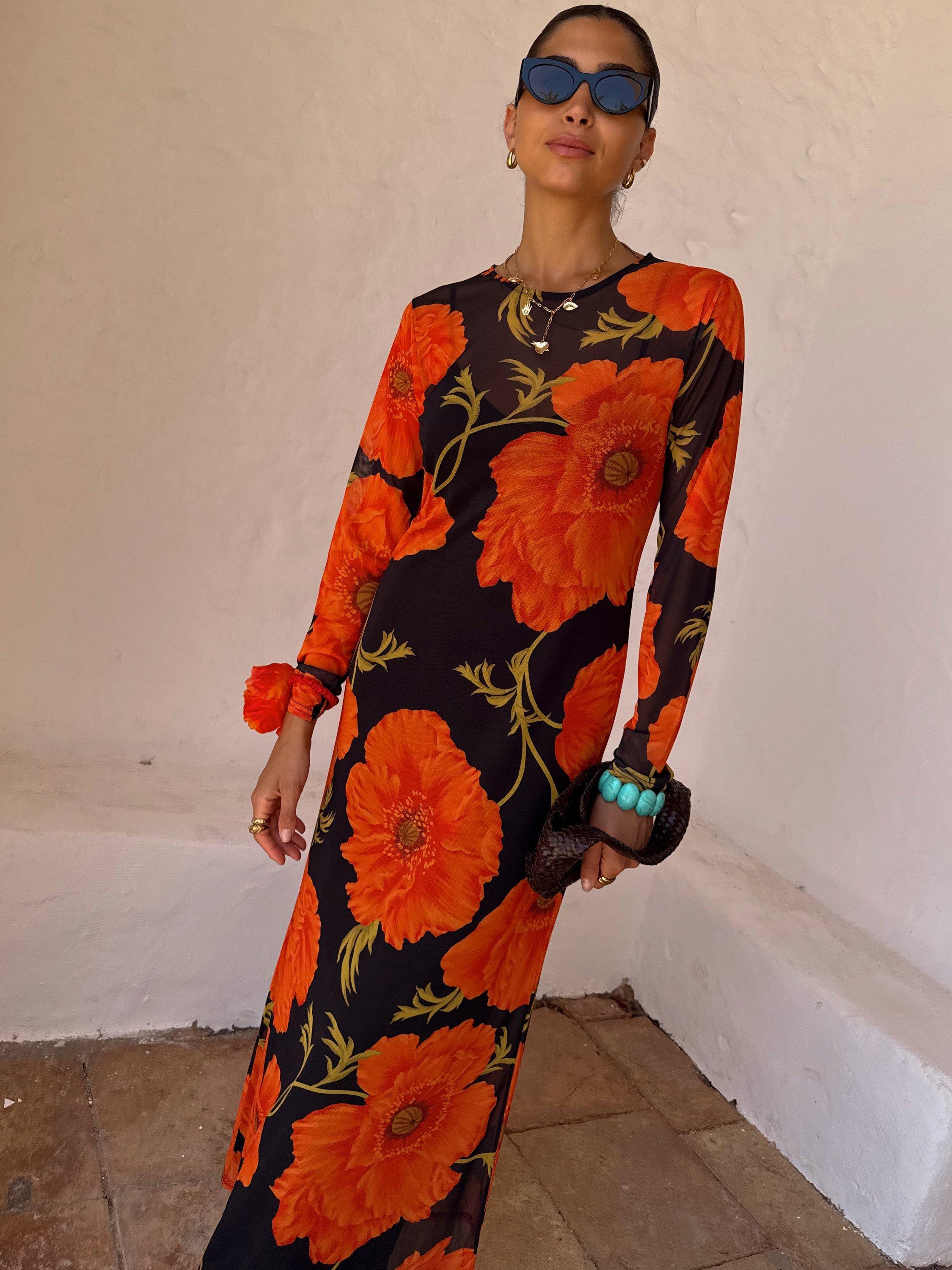 Product image 2 of 5, which shows Never Fully Dressed Poppy Print Sheer Dress, Black/Multi, 6