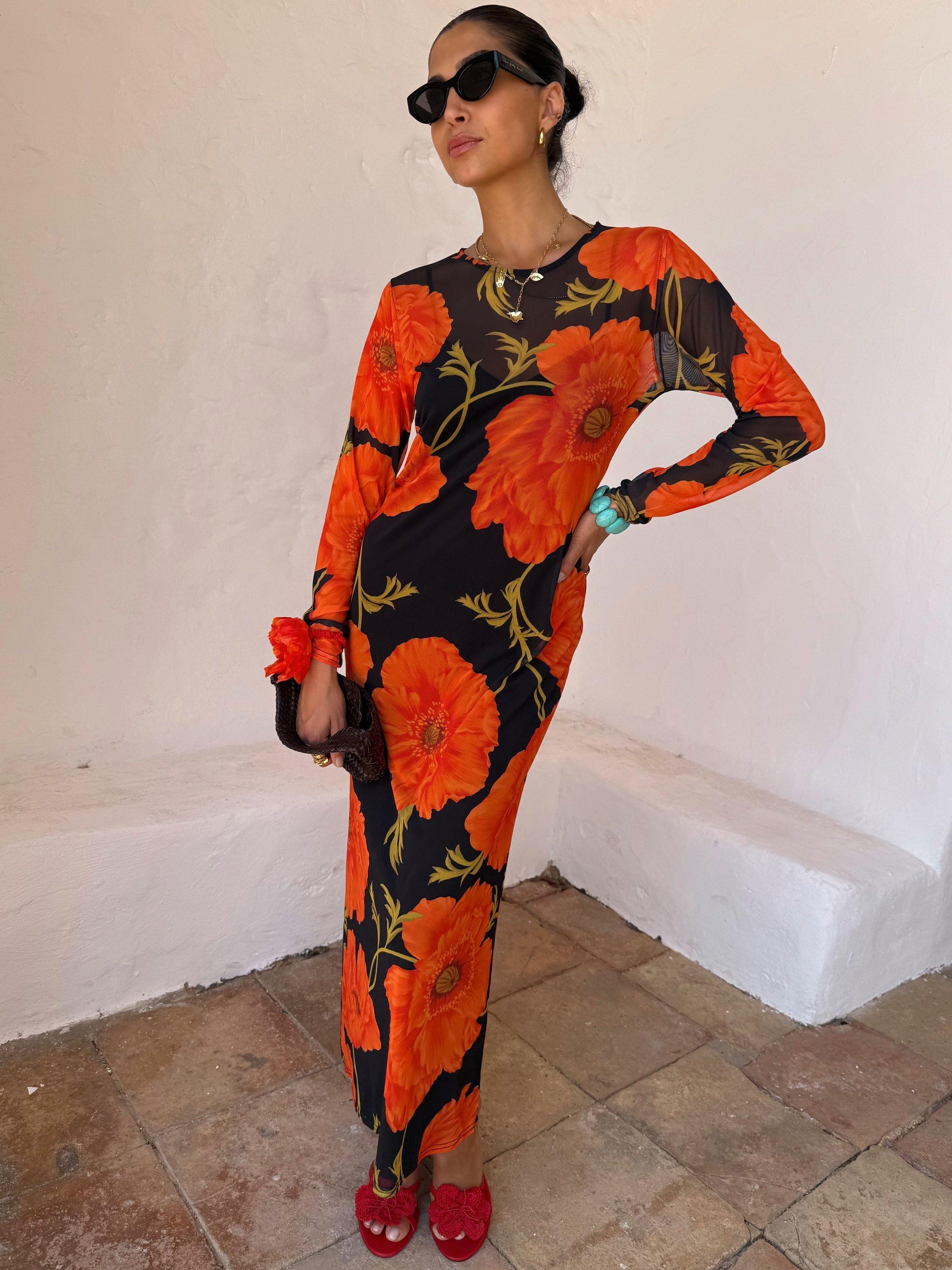 Product image 4 of 5, which shows Never Fully Dressed Poppy Print Sheer Dress, Black/Multi, 6