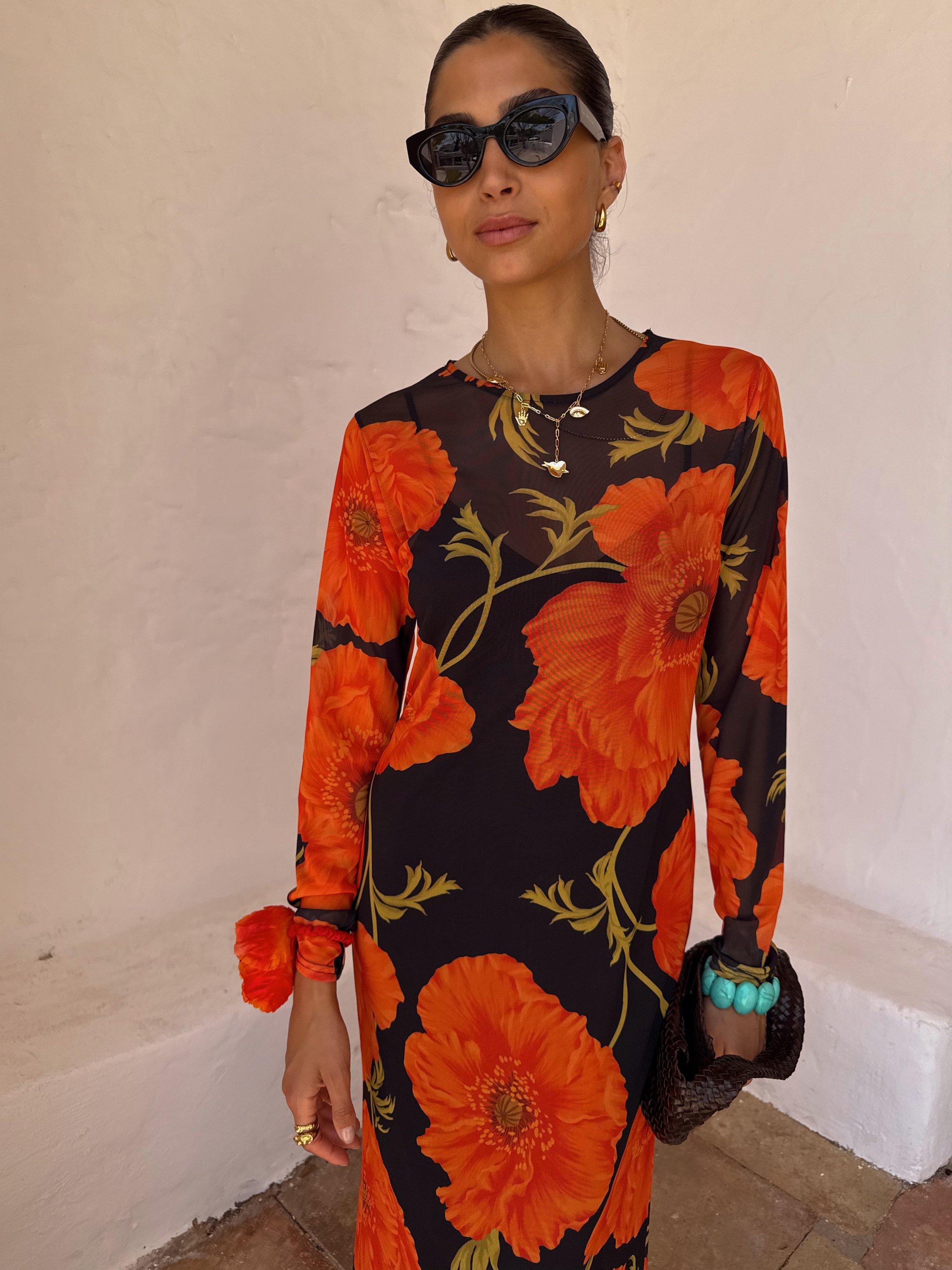 Product image 5 of 5, which shows Never Fully Dressed Poppy Print Sheer Dress, Black/Multi, 6