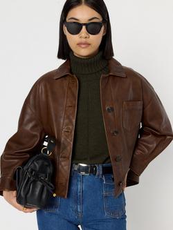 Gerard Darel Nicole Patch Pocket Leather Jacket, Brown, Brown
