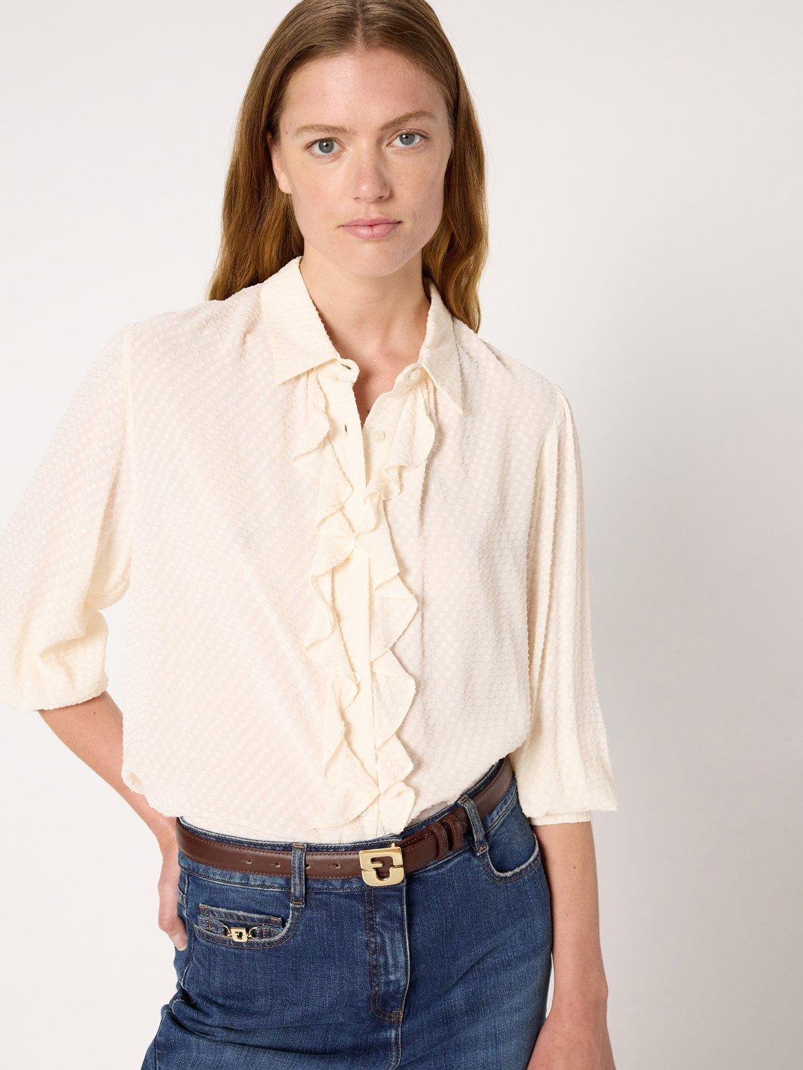 Product image 1 of 6, which shows Gerard Darel Adele Ruffle Top, Natural, 12