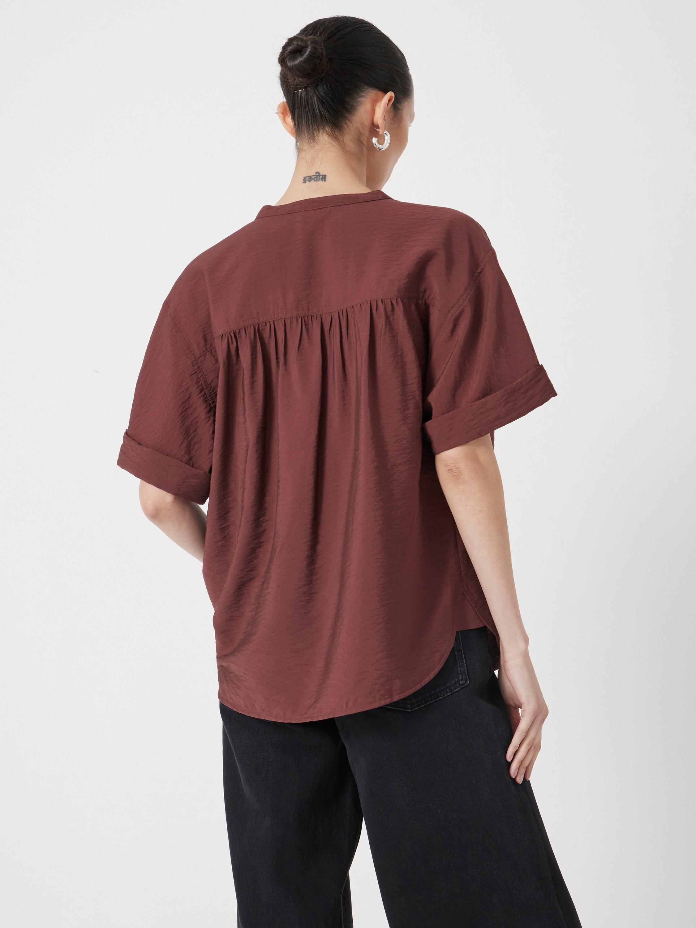 Product image 2 of 6, which shows HUSH Debbie Half-Button Placket Blouse, Burgundy Brown, L