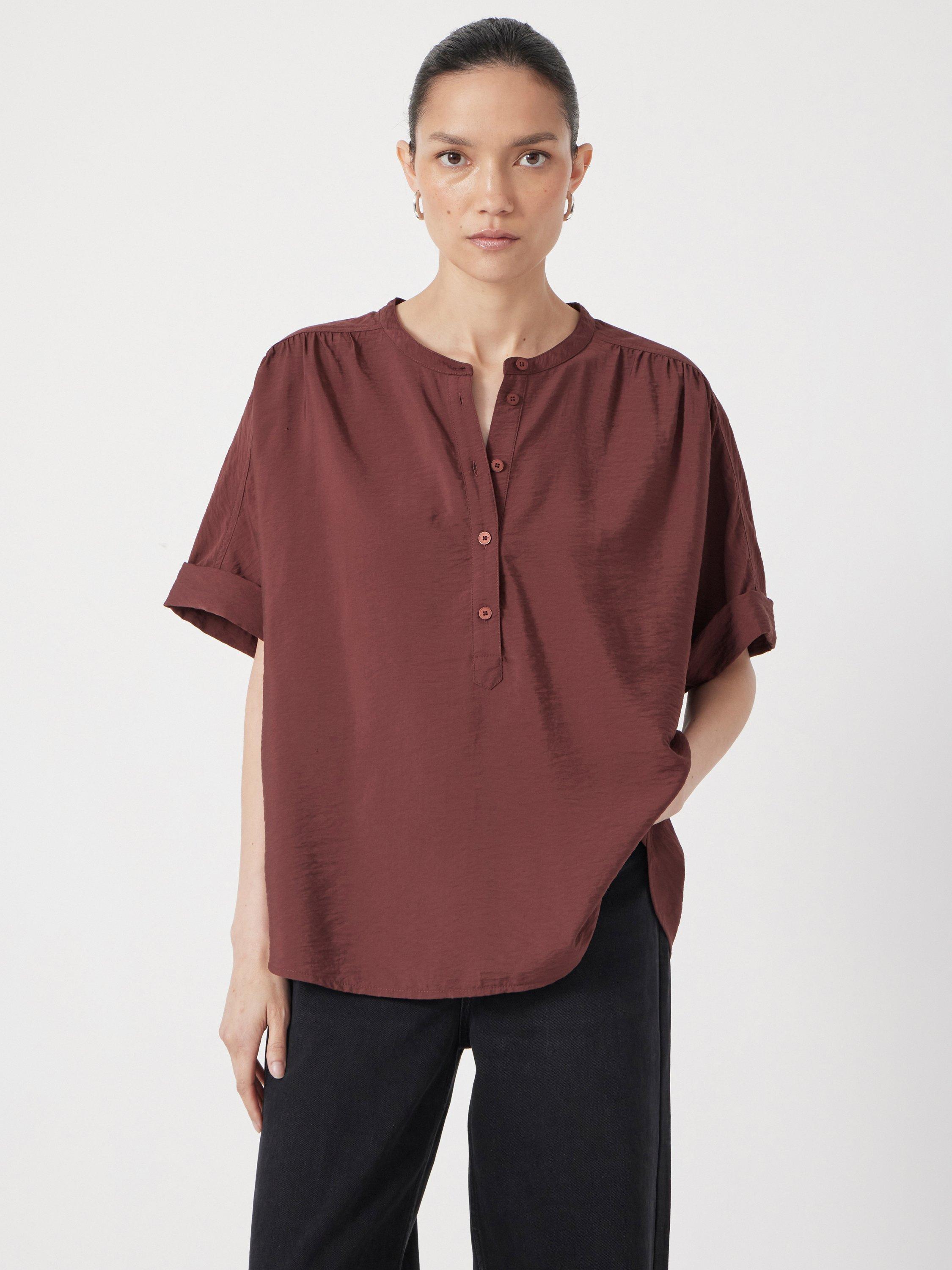 Product image 3 of 6, which shows HUSH Debbie Half-Button Placket Blouse, Burgundy Brown, L