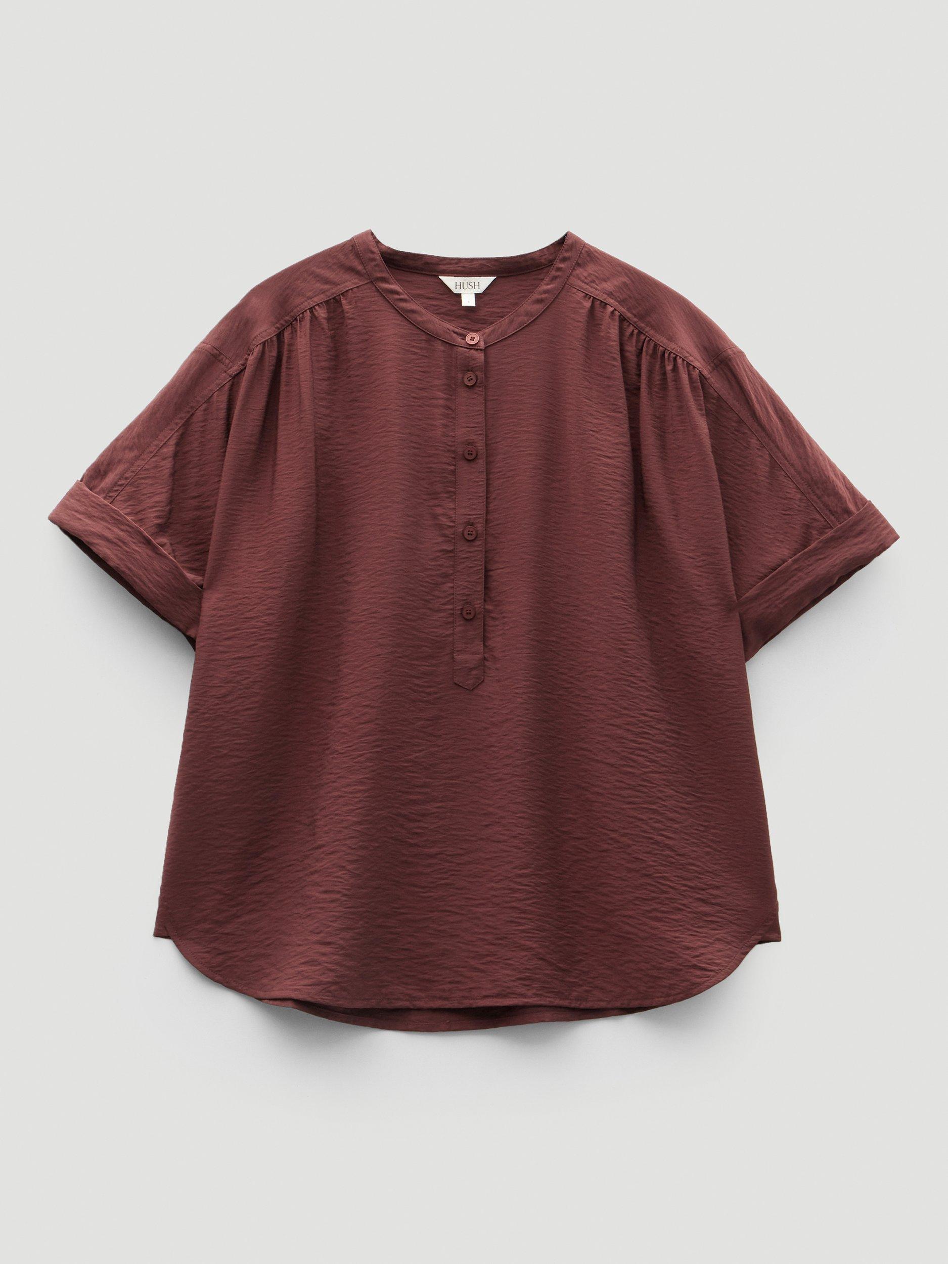 Product image 4 of 6, which shows HUSH Debbie Half-Button Placket Blouse, Burgundy Brown, L