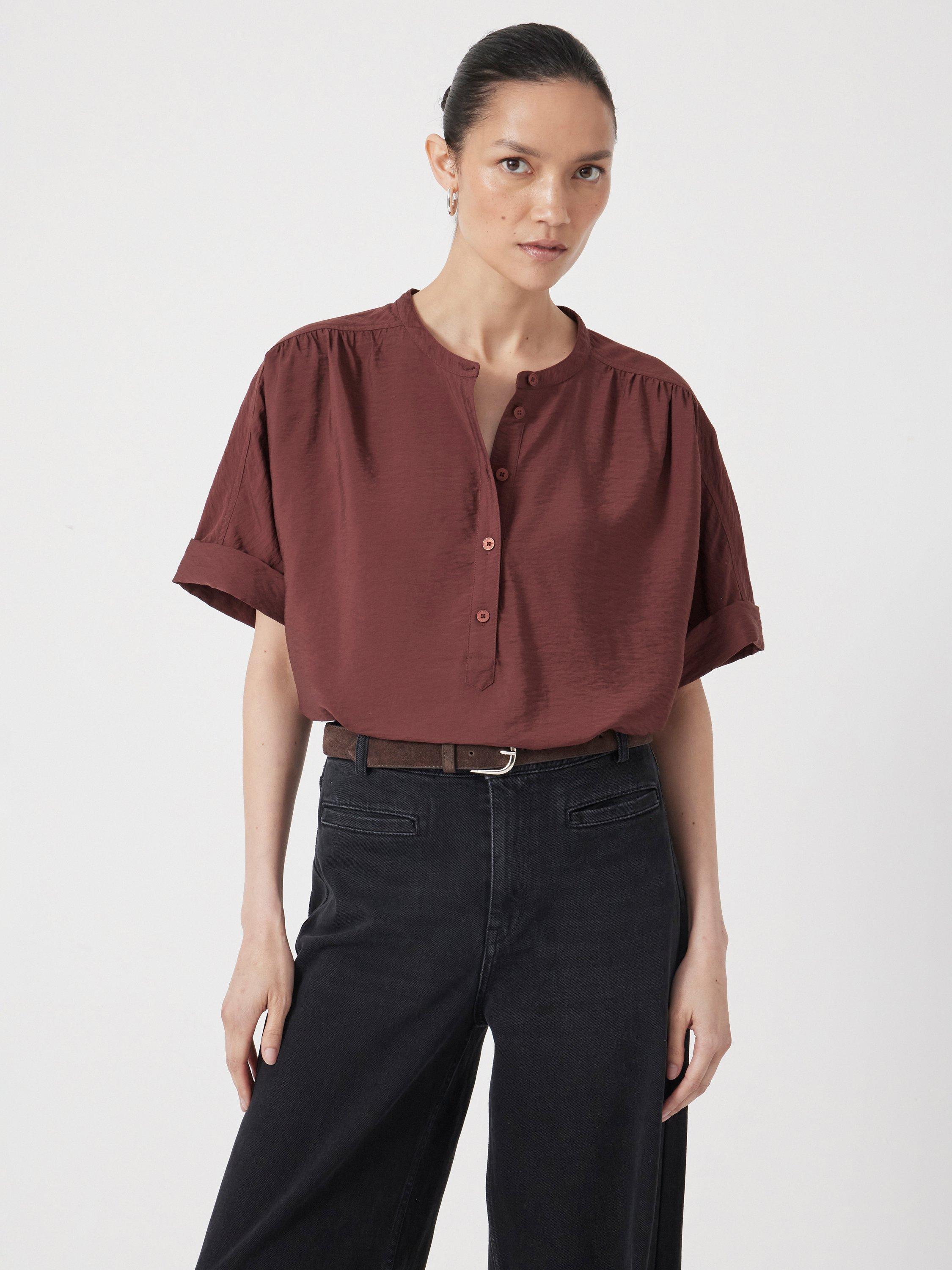 Product image 6 of 6, which shows HUSH Debbie Half-Button Placket Blouse, Burgundy Brown, L