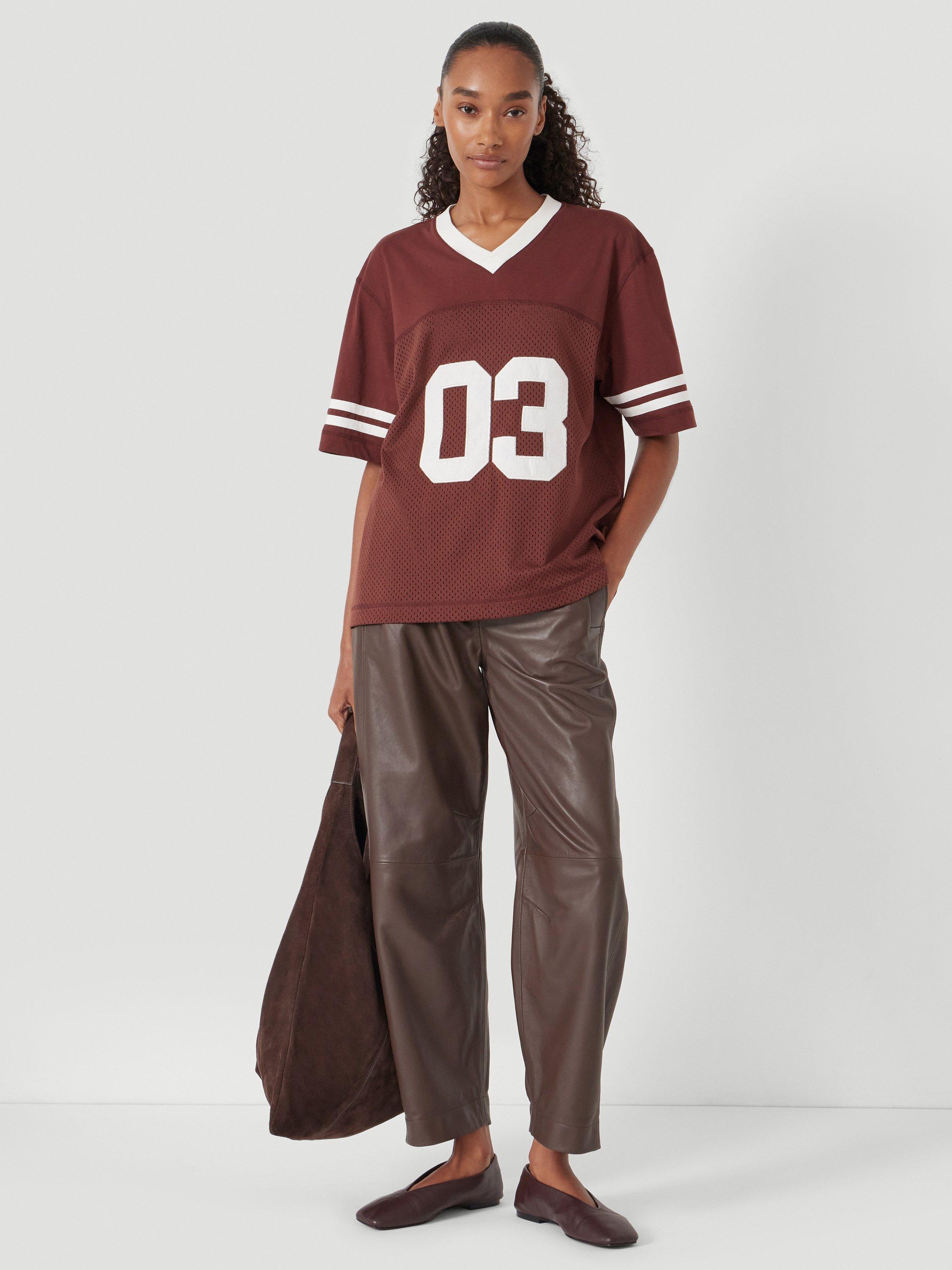 Product image 2 of 6, which shows HUSH Cotton Blend Varsity T-Shirt, Rum Raisin, L-XL