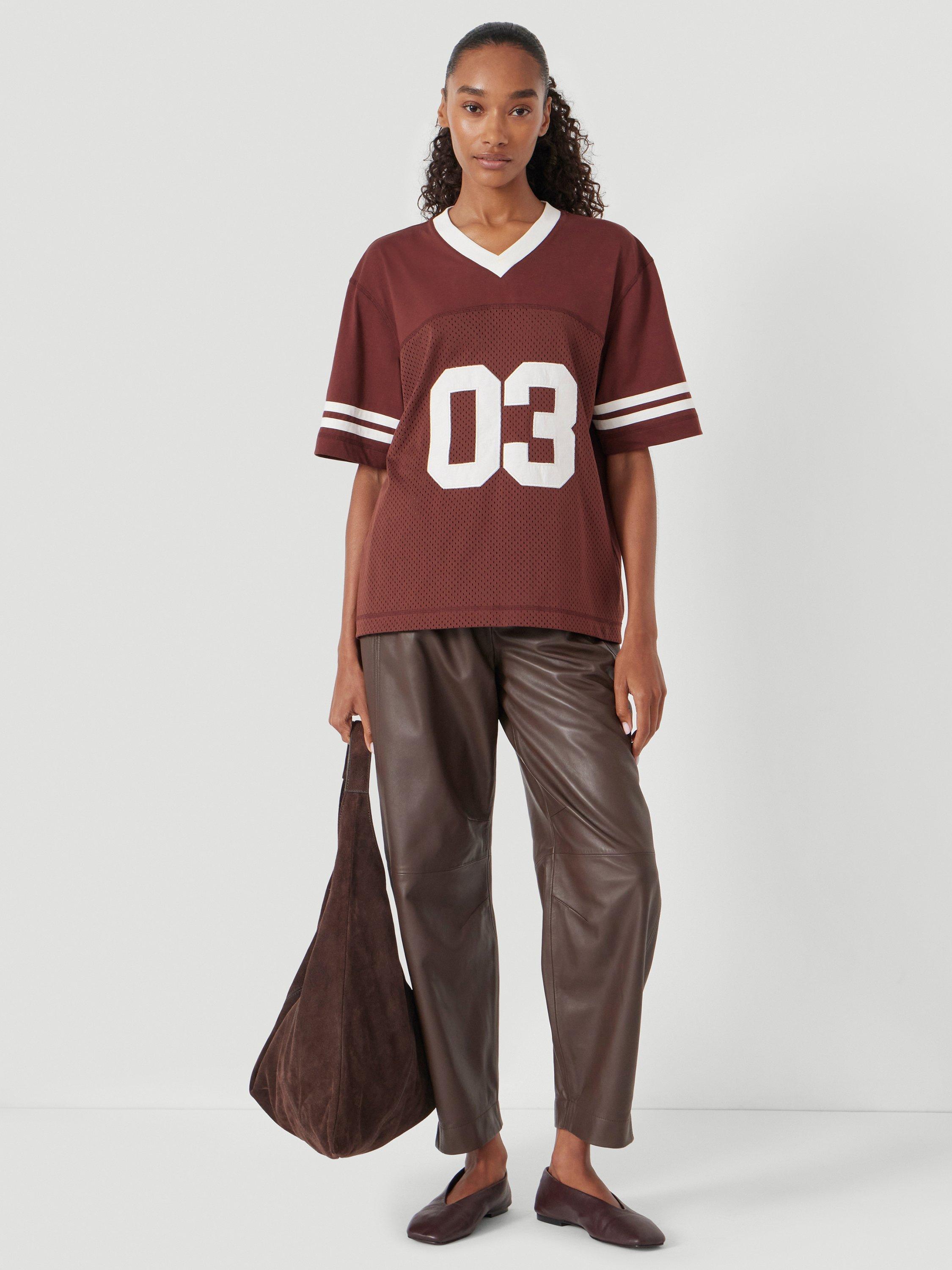 Product image 3 of 6, which shows HUSH Cotton Blend Varsity T-Shirt, Rum Raisin, L-XL