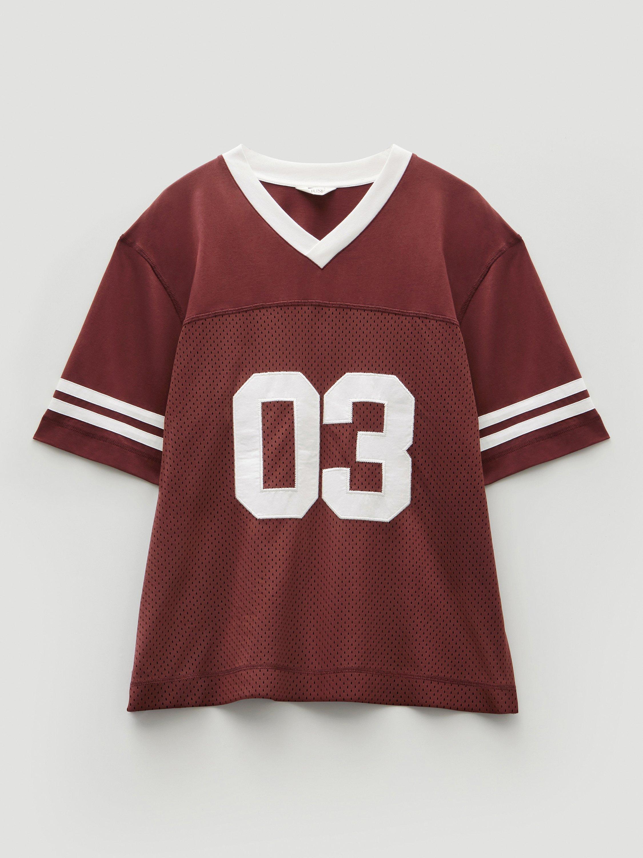Product image 4 of 6, which shows HUSH Cotton Blend Varsity T-Shirt, Rum Raisin, L-XL