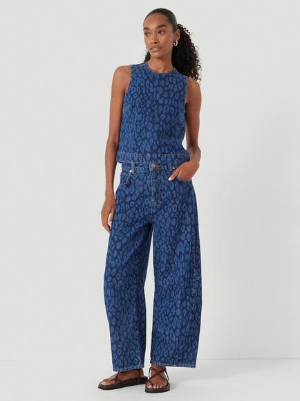 HUSH Valerie Leopard Print Denim Shell Top, Mid Blue