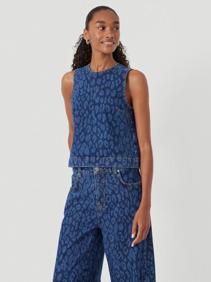 HUSH Valerie Leopard Print Denim Shell Top - view 2, Mid Blue