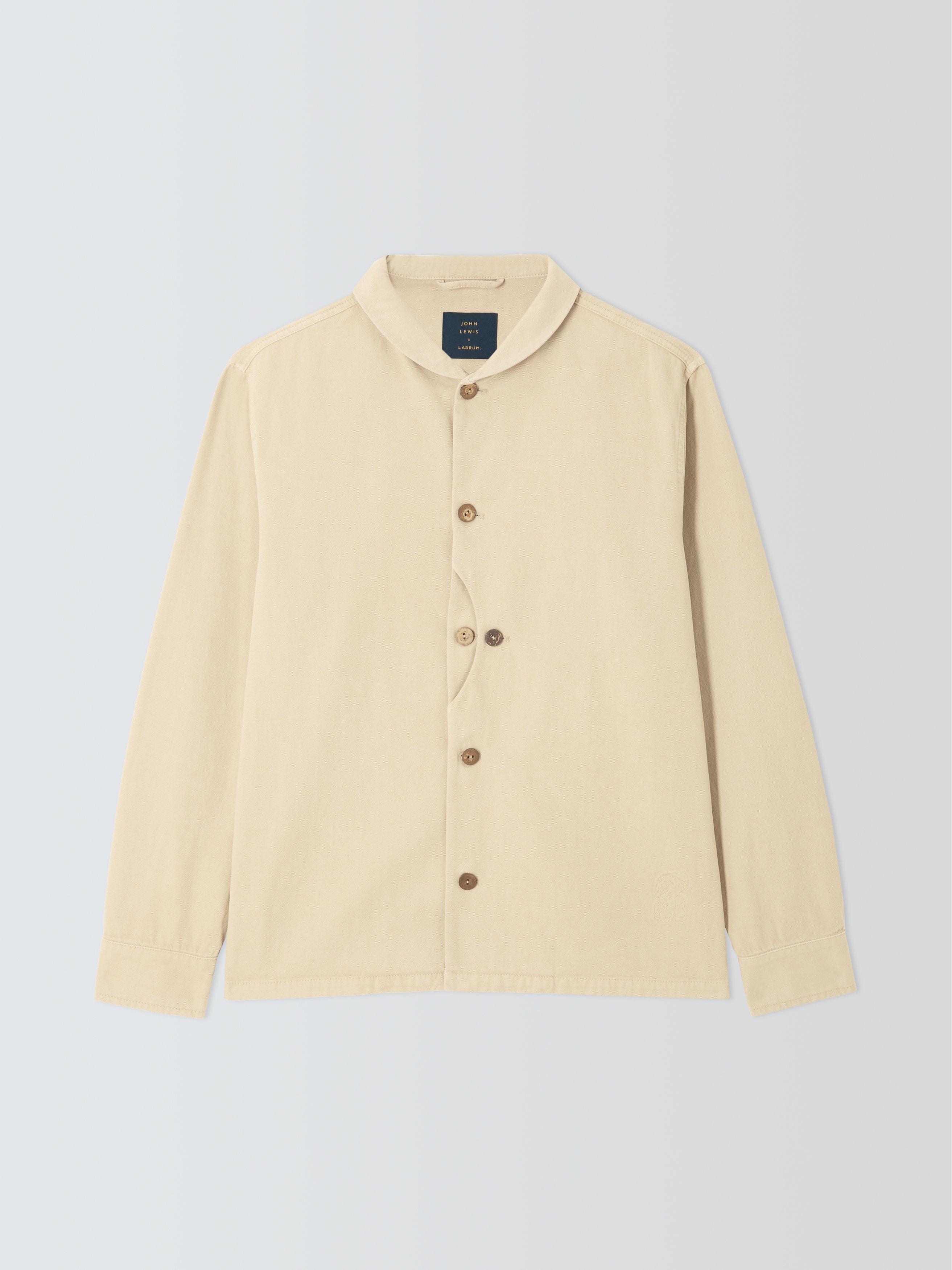 Product image 4 of 7, which shows John Lewis x LABRUM Shawl Neck Canvas Overshirt, Sand, S