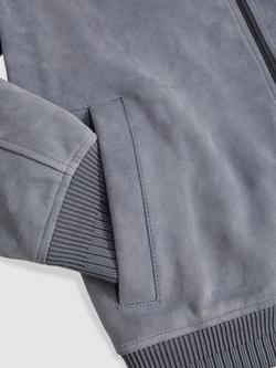 Reiss Burnham Zip Through Suede Bomber Jacket, Light Grey - view 2, Mid Blue