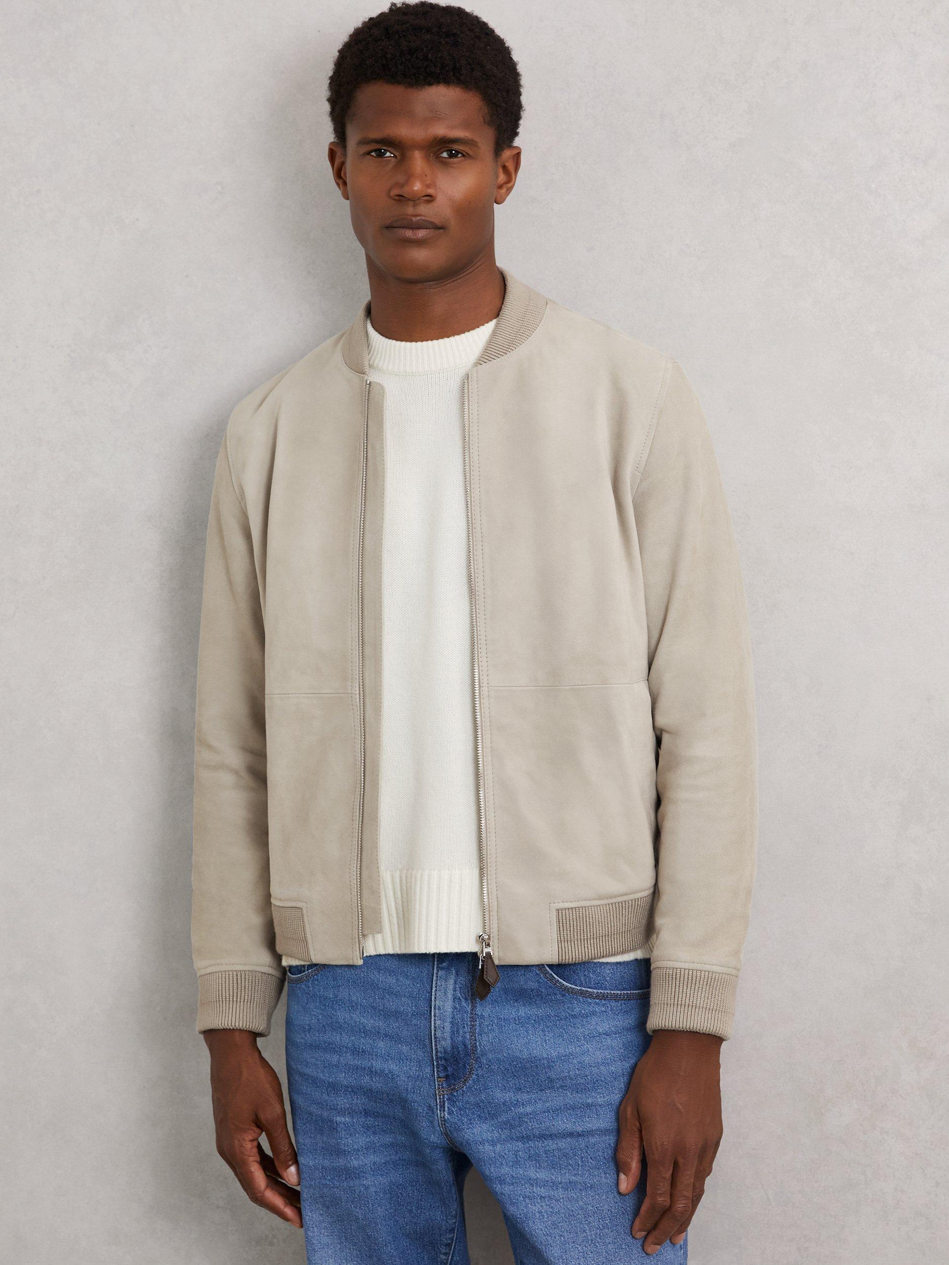 Product image 1 of 5, which shows Reiss Burnham Zip Through Suede Bomber Jacket, Light Grey, XS