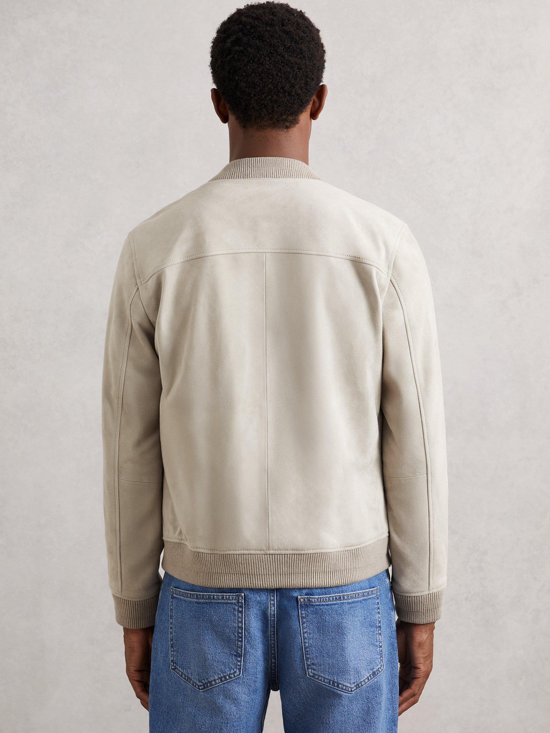 Product image 2 of 5, which shows Reiss Burnham Zip Through Suede Bomber Jacket, Light Grey, XS