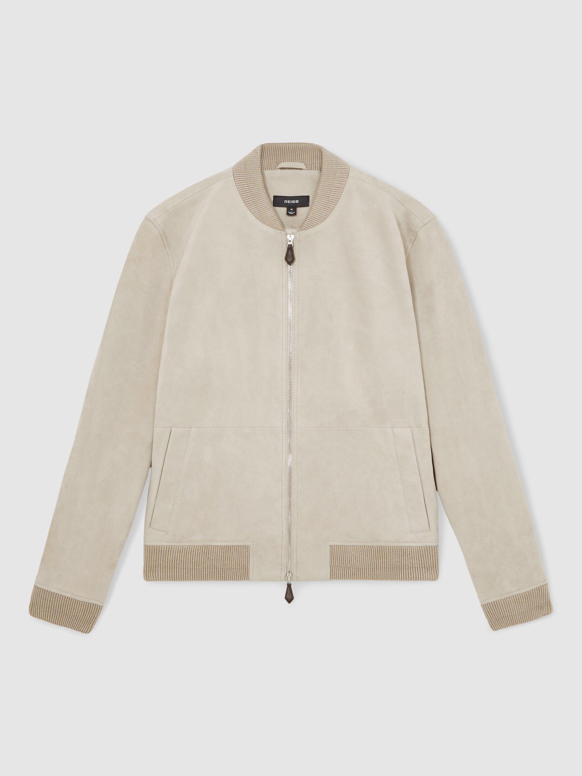 Product image 3 of 5, which shows Reiss Burnham Zip Through Suede Bomber Jacket, Light Grey, XS