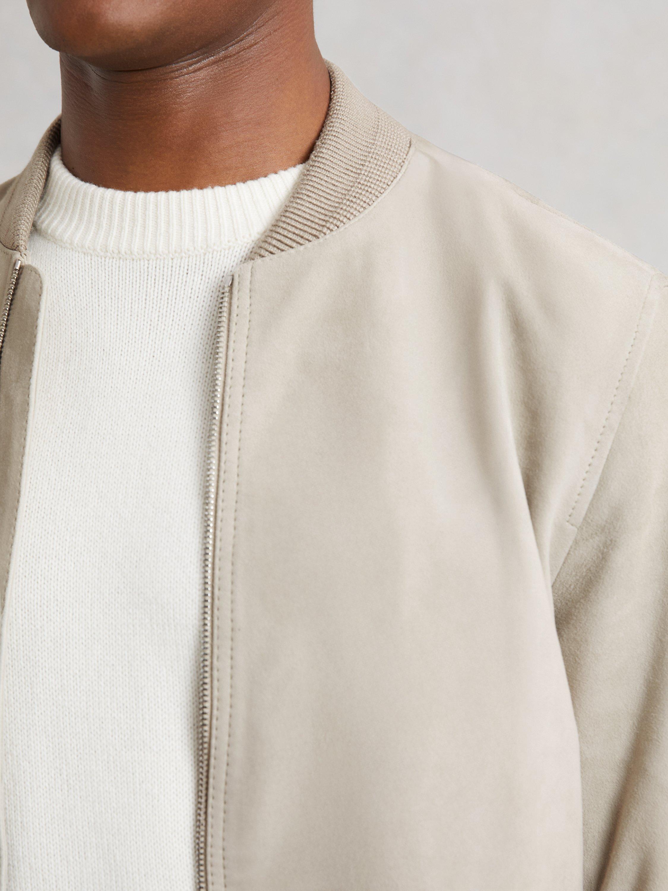 Product image 4 of 5, which shows Reiss Burnham Zip Through Suede Bomber Jacket, Light Grey, XS