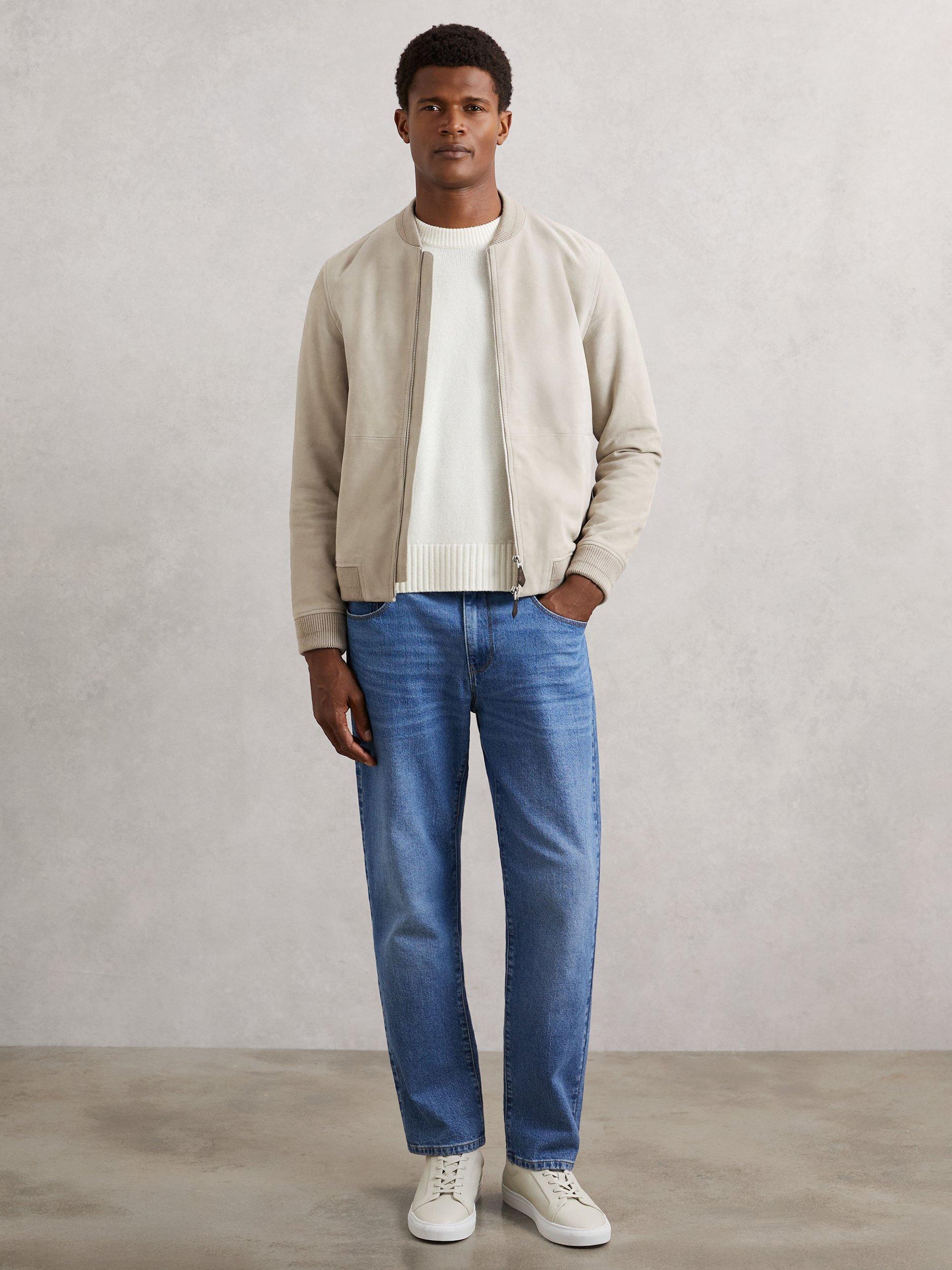 Product image 5 of 5, which shows Reiss Burnham Zip Through Suede Bomber Jacket, Light Grey, XS